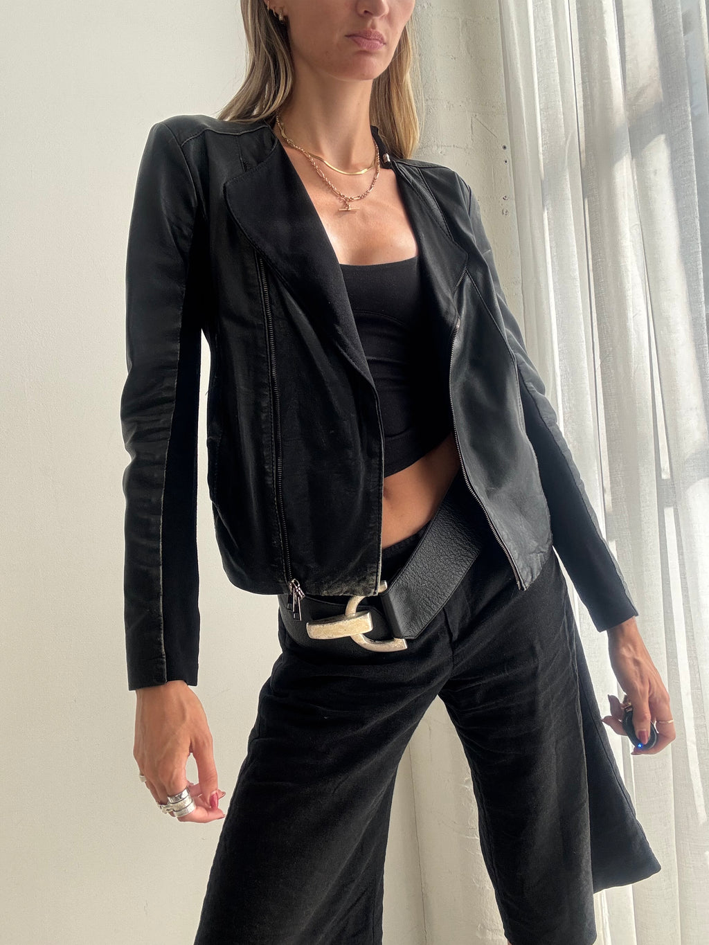 Vintage y2k Black Leather Asymmetric Zipped Biker Jacket - Size S