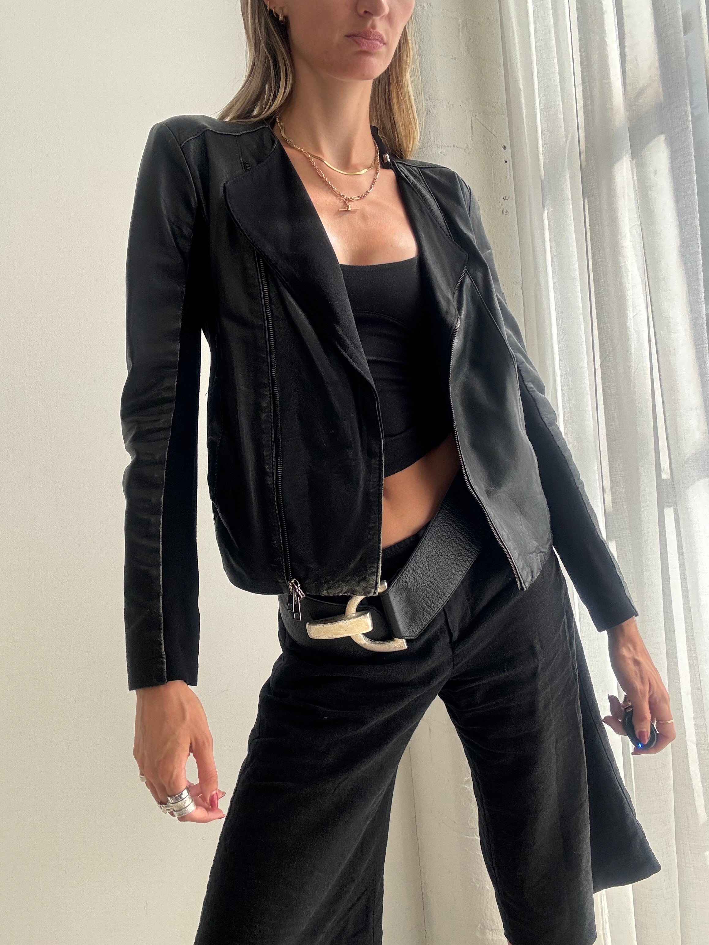 Vintage y2k Black Leather Asymmetric Zipped Biker Jacket - Size S