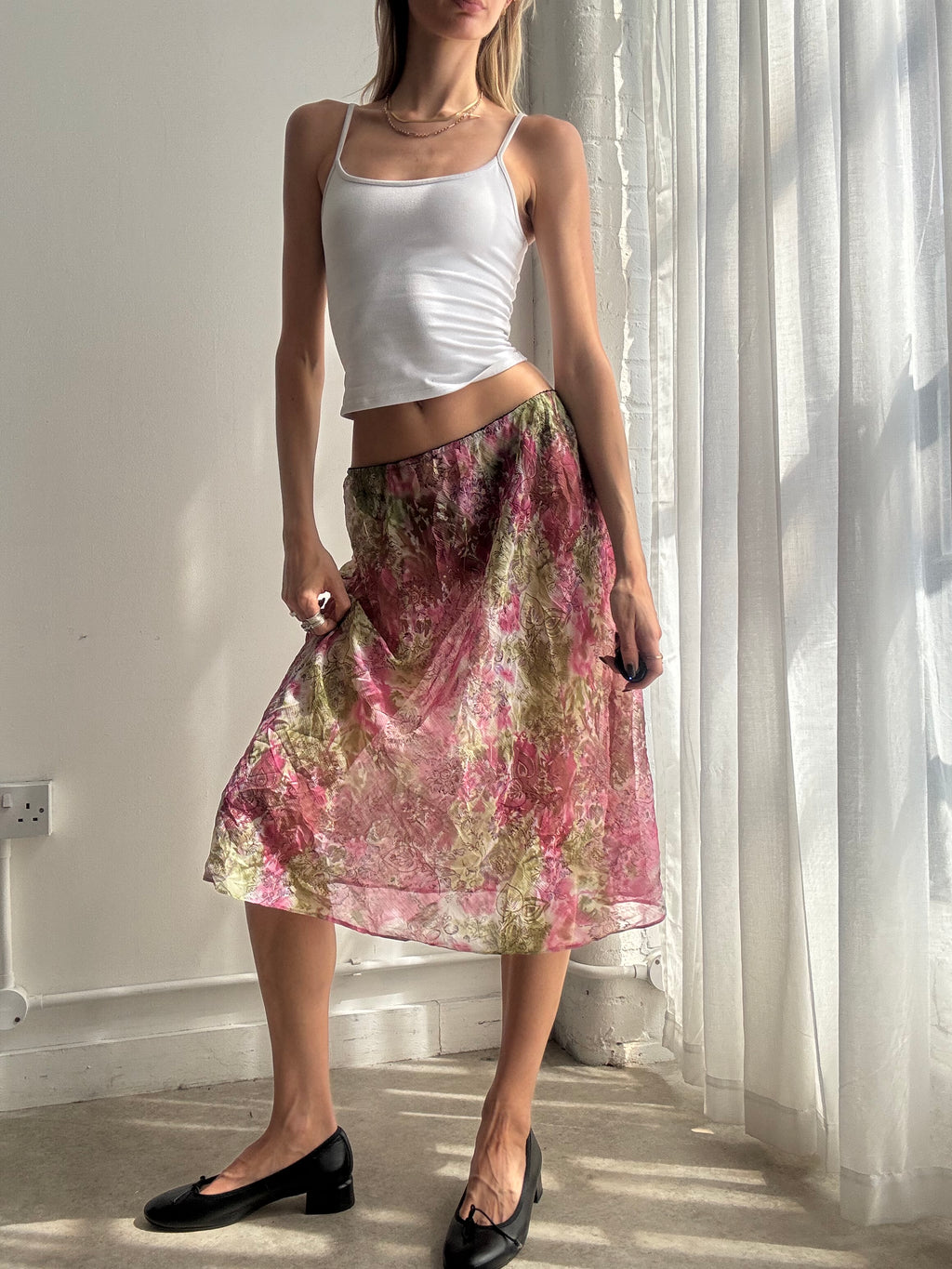 Vintage pink floral sheer mesh midi skirt - Size M/L