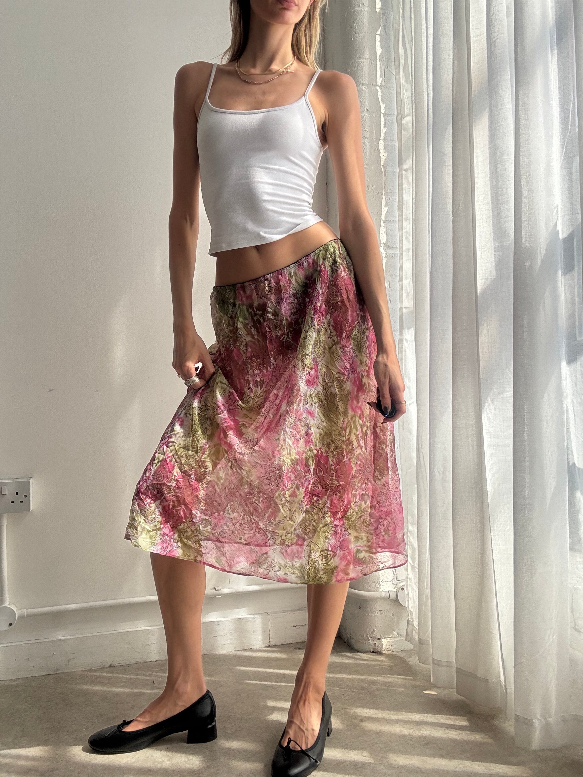 Vintage pink floral sheer mesh midi skirt - Size M/L