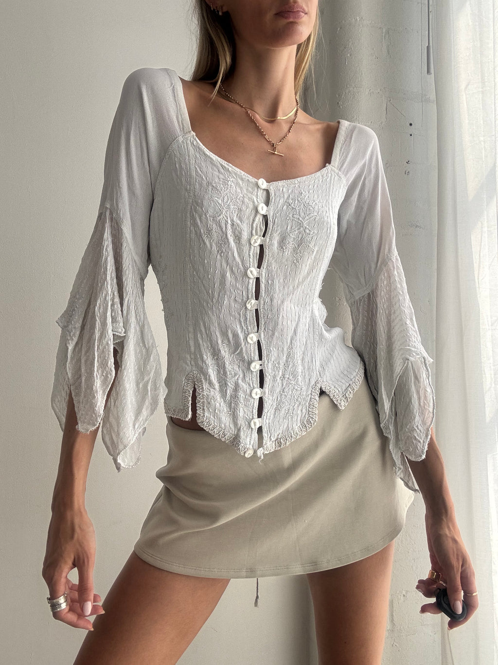 Vintage White Boho Peasant Blouse Y2K Fairy Grunge - Size L