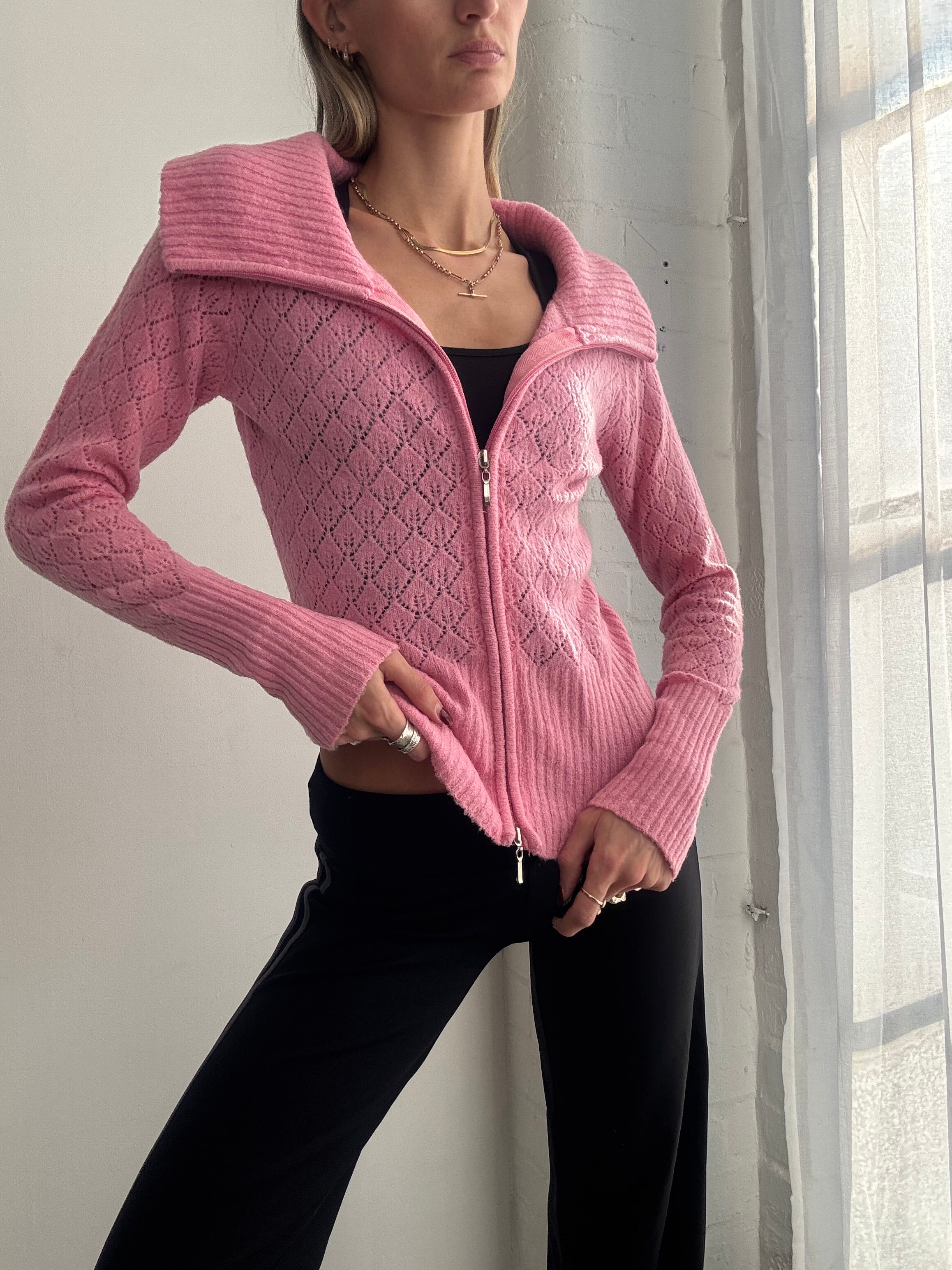 Vintage Y2K pink wool dual zip jumper