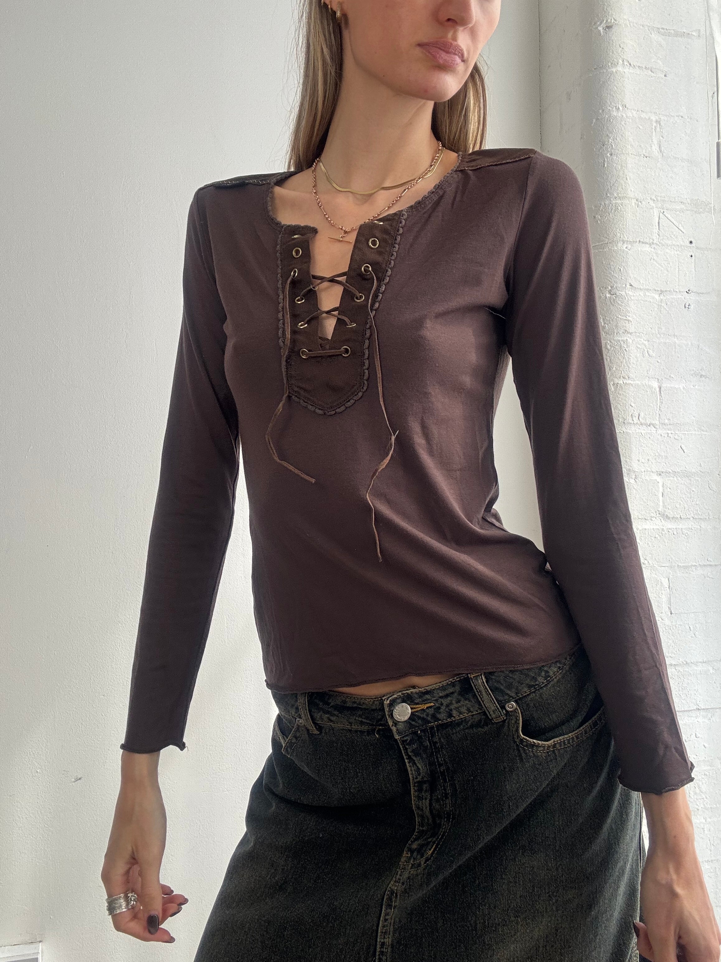 Vintage Y2K brown lace up long sleeve top - Size S