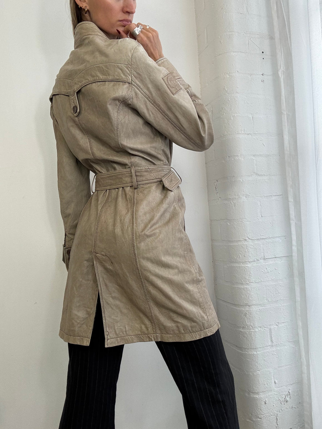 Vintage Y2K asymmetric leather trench coat belted