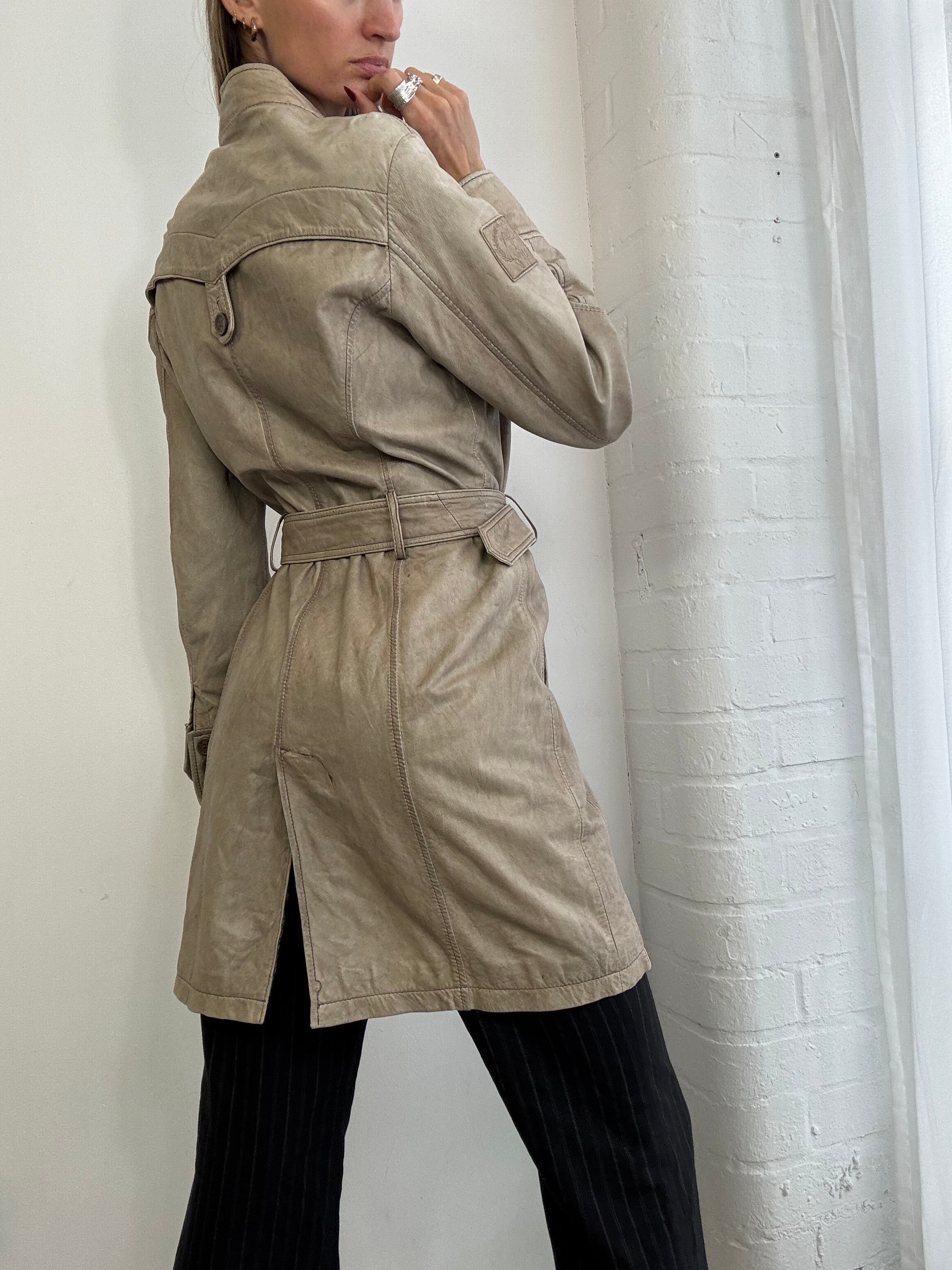 Vintage Y2K asymmetric leather trench coat belted