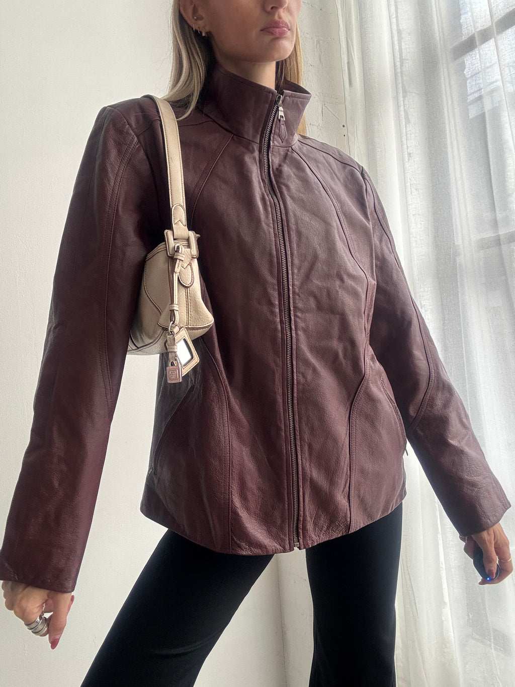 Vintage Y2K Burgundy Leather Zip Up Jacket - Size L
