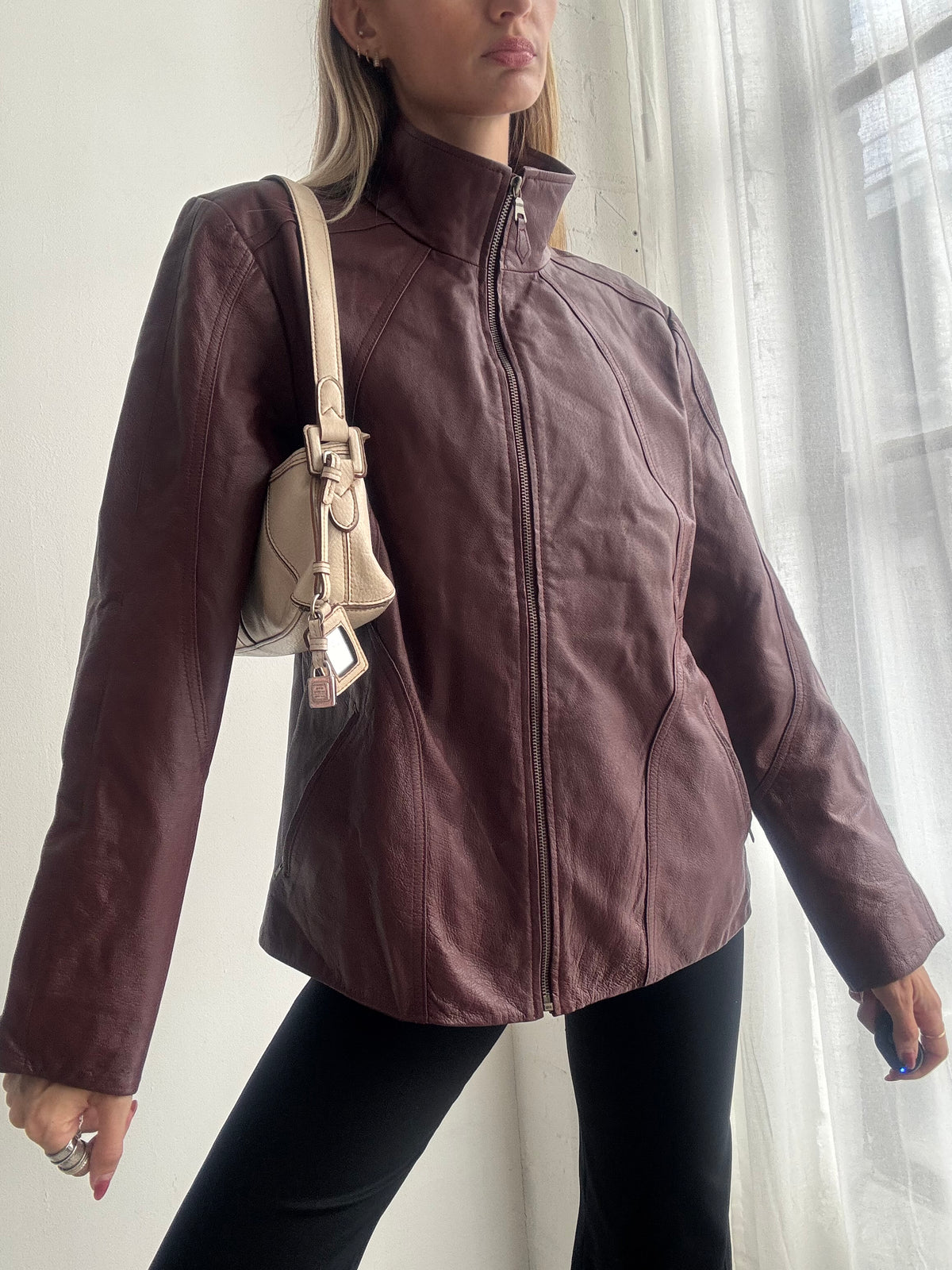 Vintage Y2K Burgundy Leather Zip Up Jacket - Size L