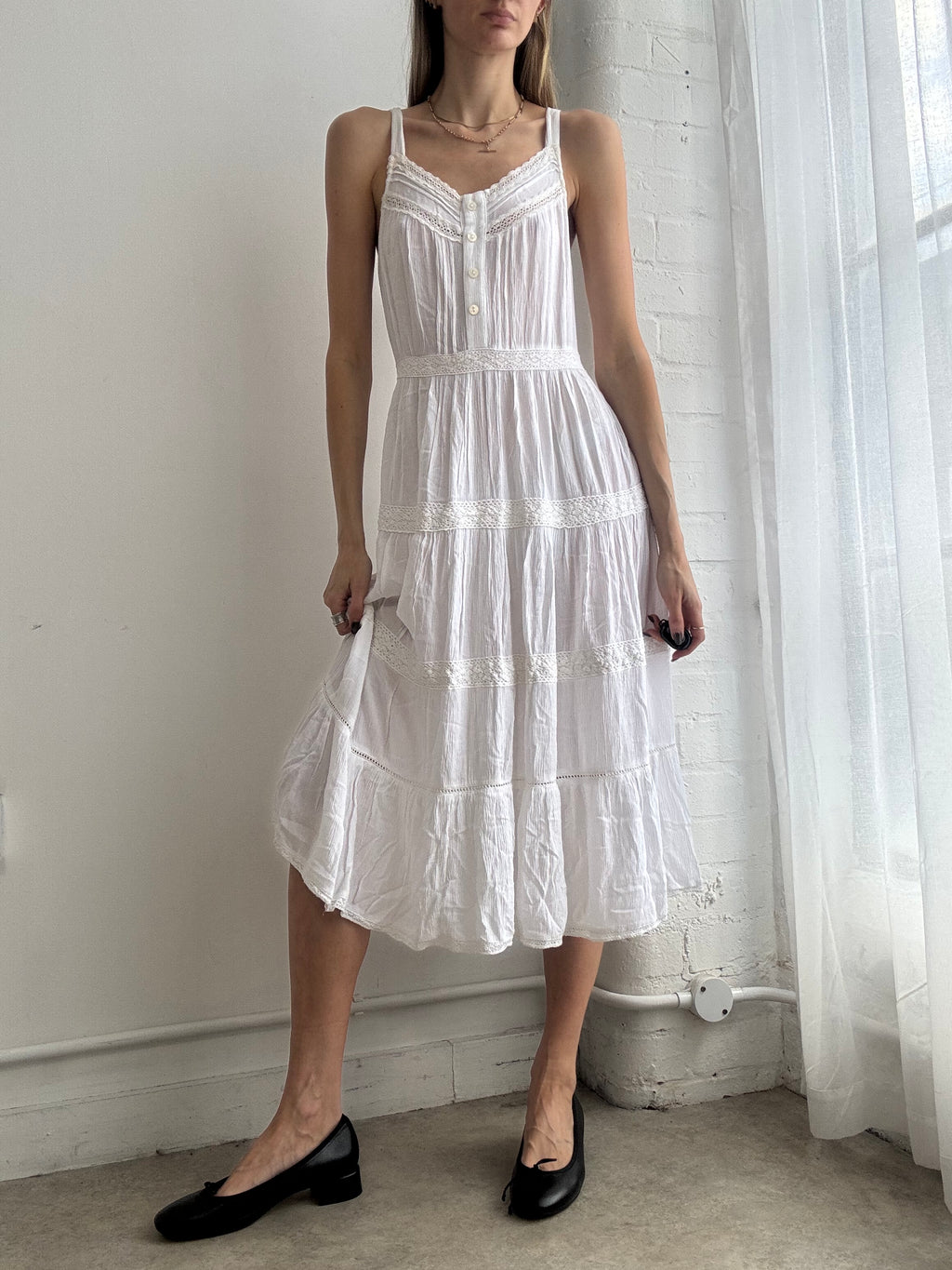 Vintage Y2K white tiered cotton midi dress - Size M