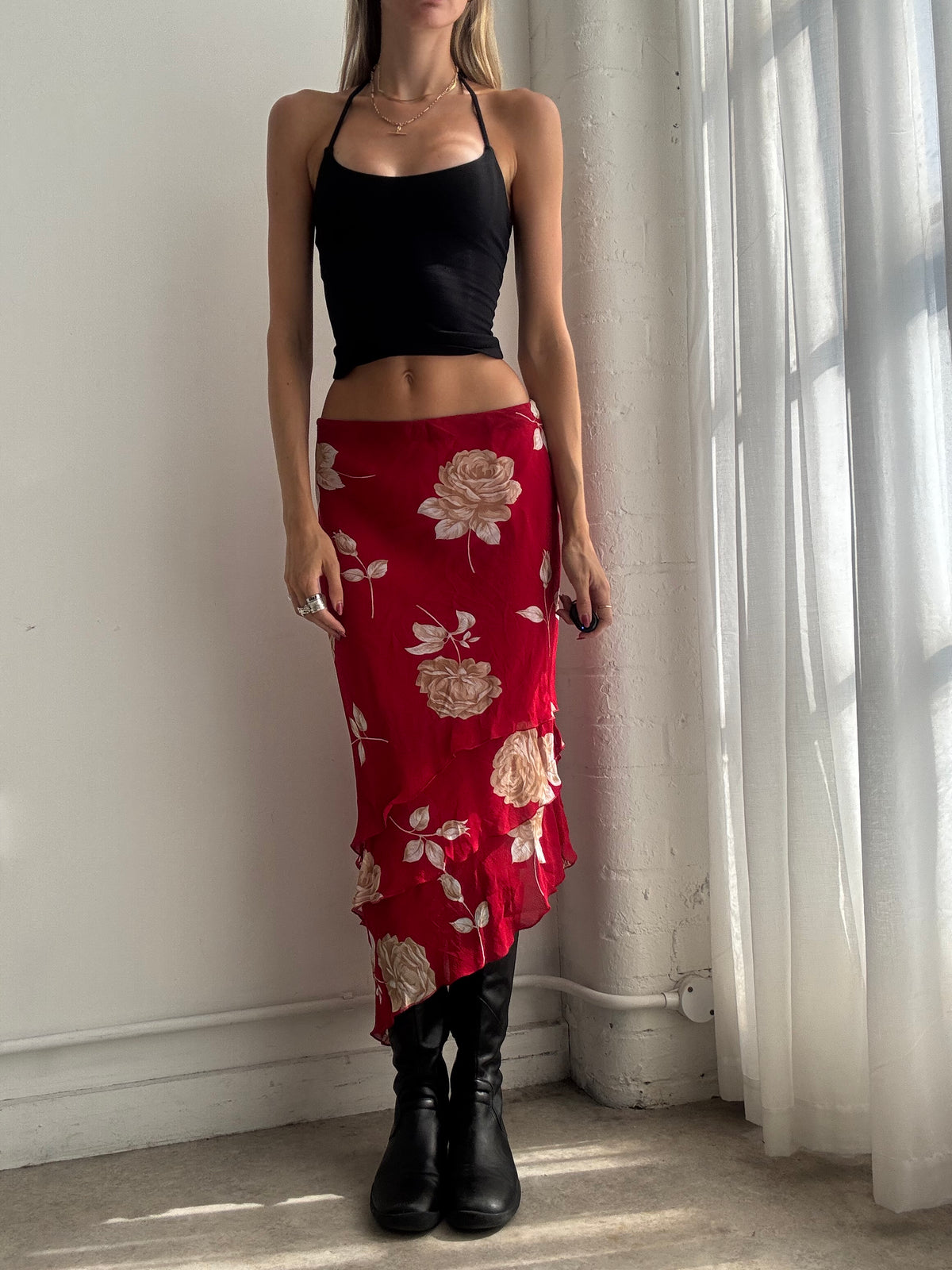 Vintage Y2K Red Floral Asymmetric Midi Skirt - Size XS/S