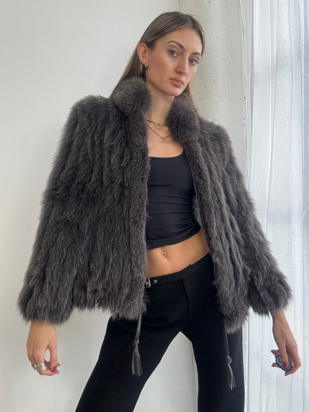 Vintage 90s plush grey fox fur coat