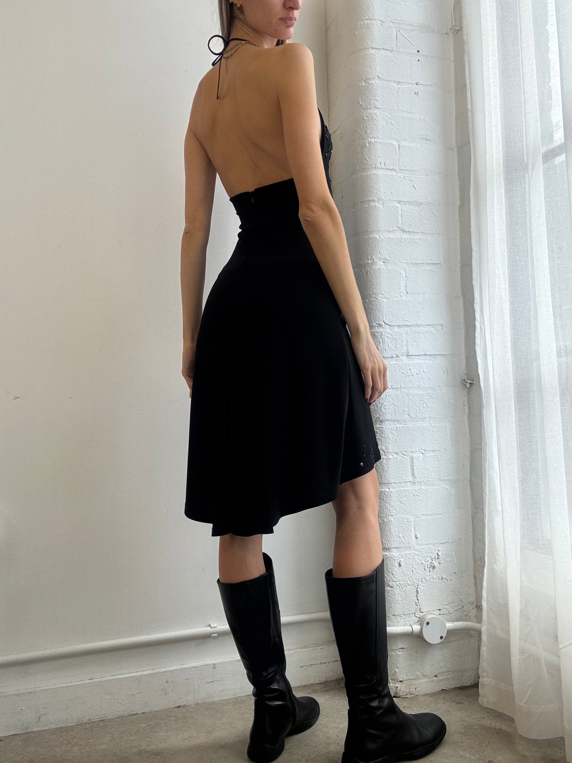 Vintage Y2K black beaded halter mini dress