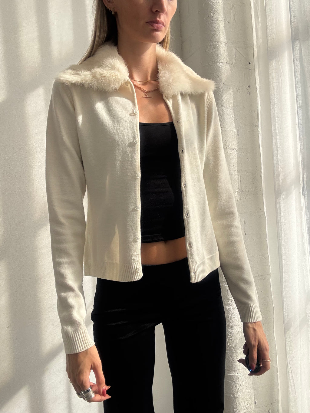 Vintage Y2K Cream Rabbit Fur Collar Knit Cardigan - Size S
