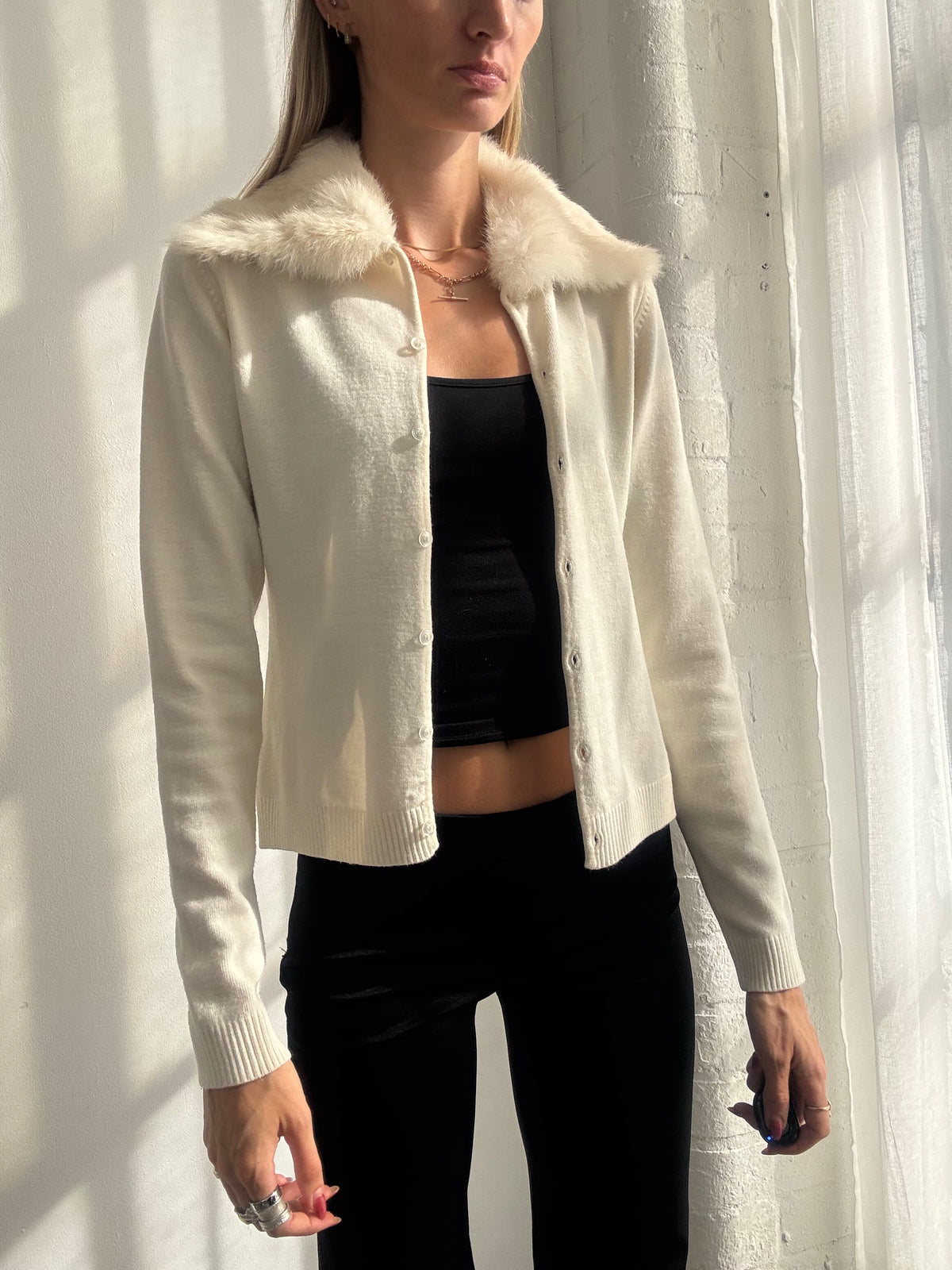 Vintage Y2K Cream Rabbit Fur Collar Knit Cardigan - Size S
