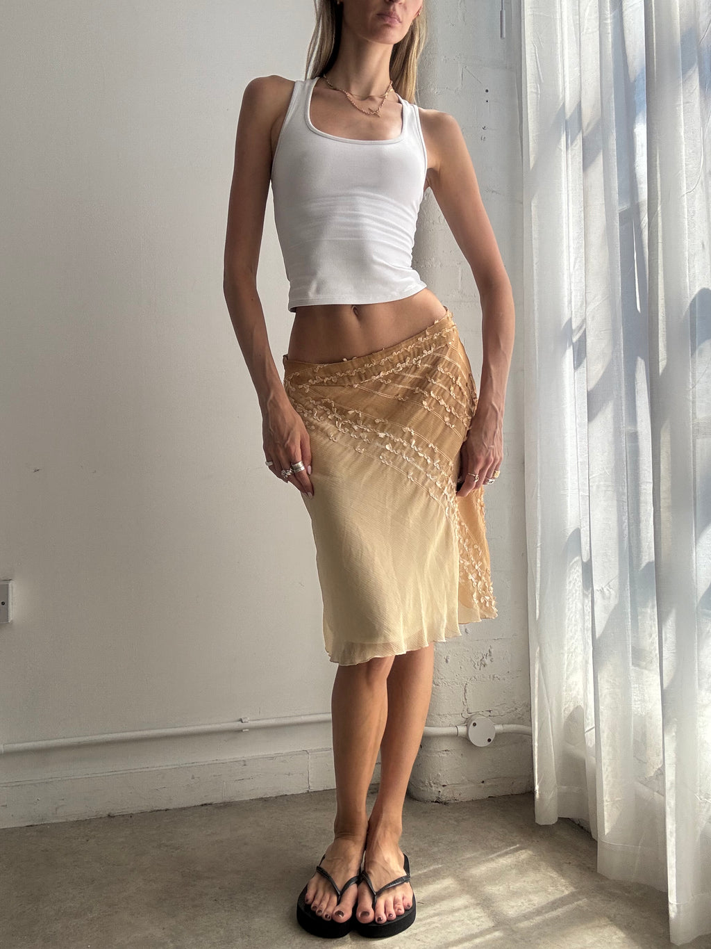 Vintage Embroidered Ombre Mesh Midi Skirt Y2K - Size M