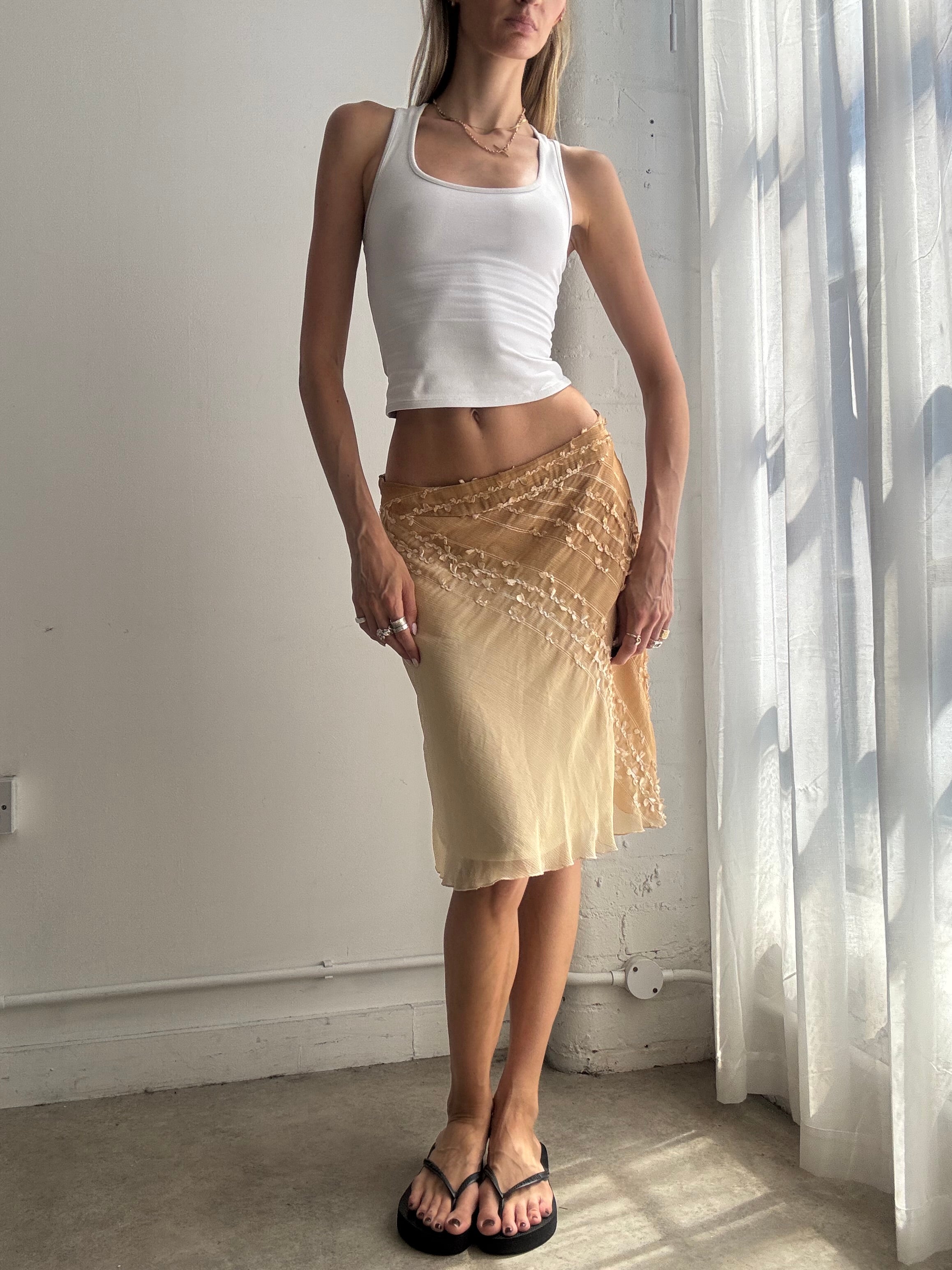 Vintage Embroidered Ombre Mesh Midi Skirt Y2K - Size M