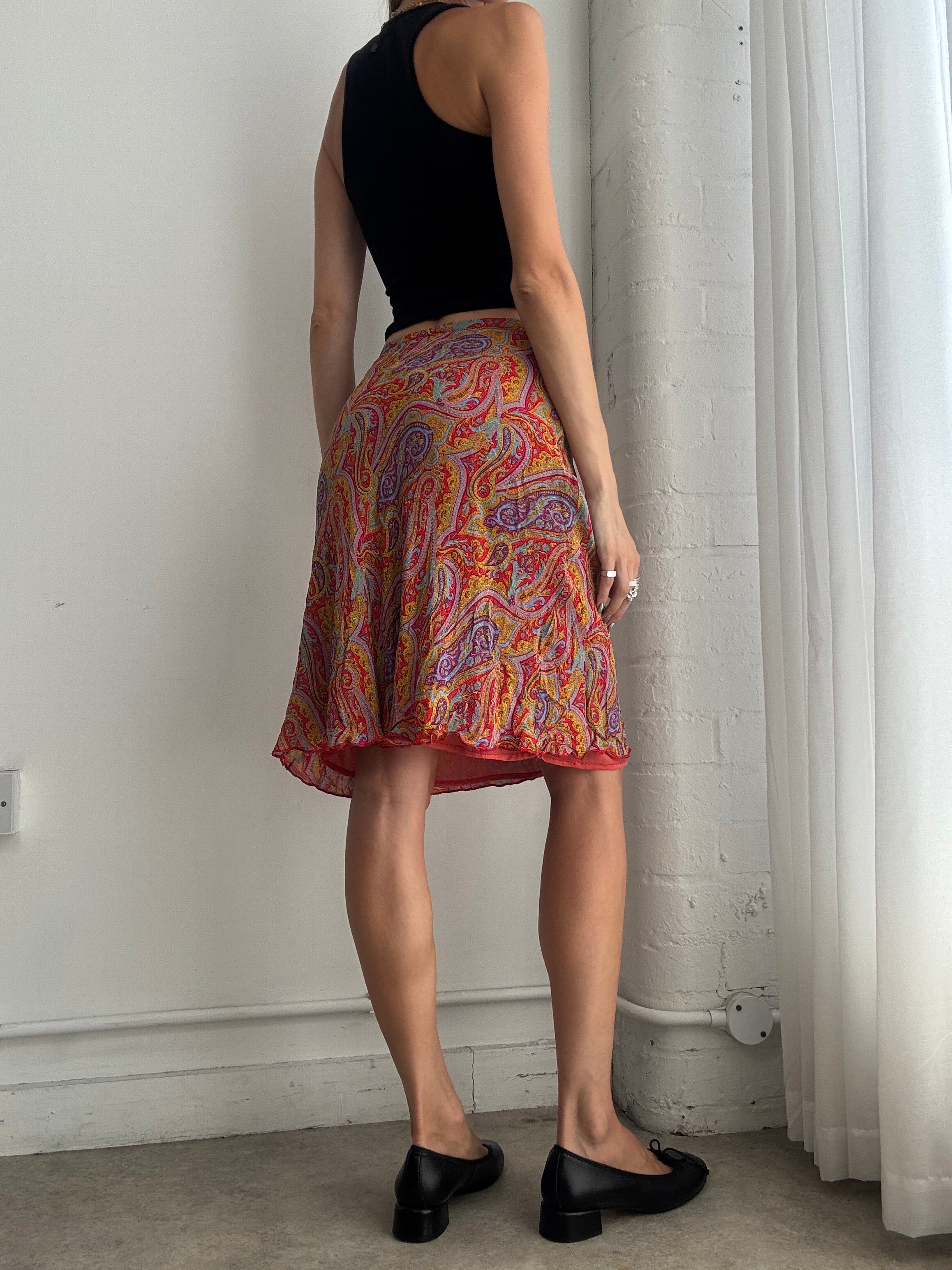 Vintage Y2K Paisley Print Midi Skirt – Orange Bias Cut Slip Skirt - Size XS
