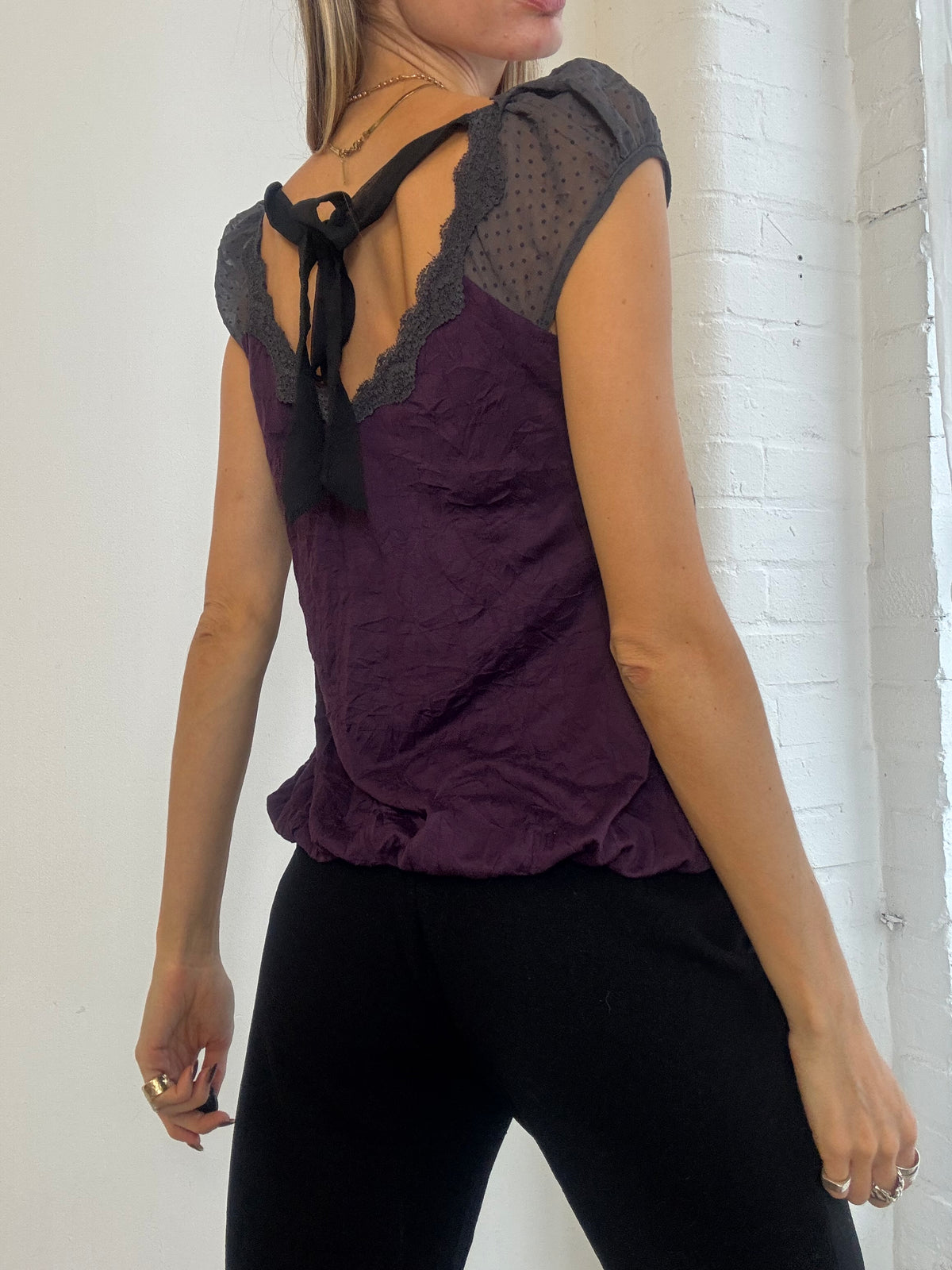 Vintage Y2K Plum Purple Embellished Tie Back Top - Size S/M