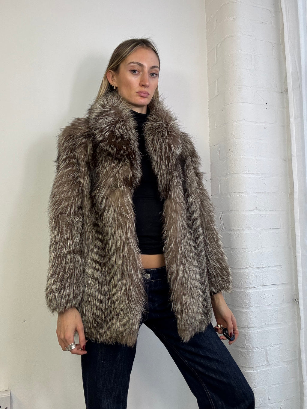 Vintage 90s fox fur coat brown