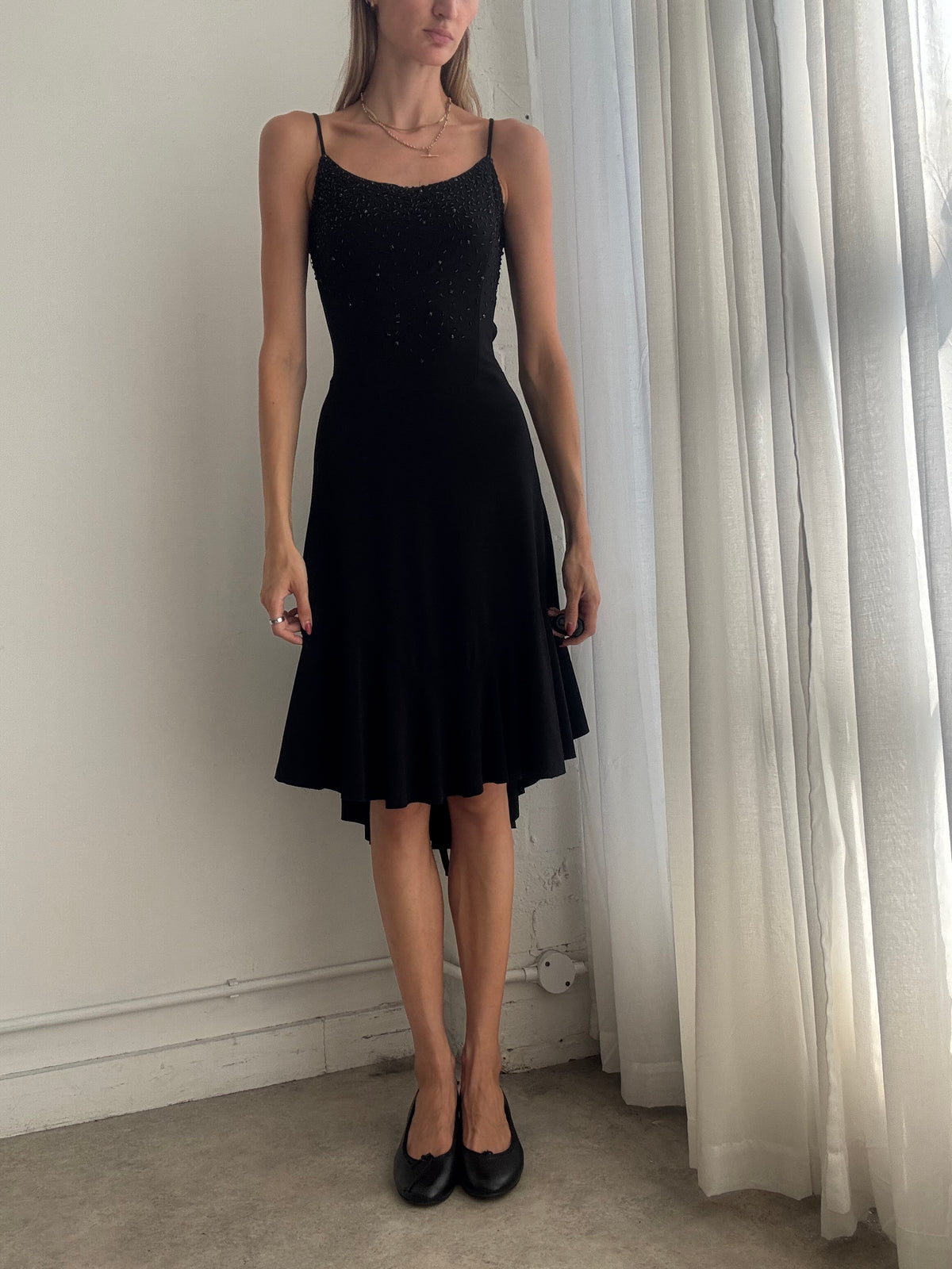Vintage Y2K Black Asymmetric Beaded Strappy Midi Dress - Size XS/S