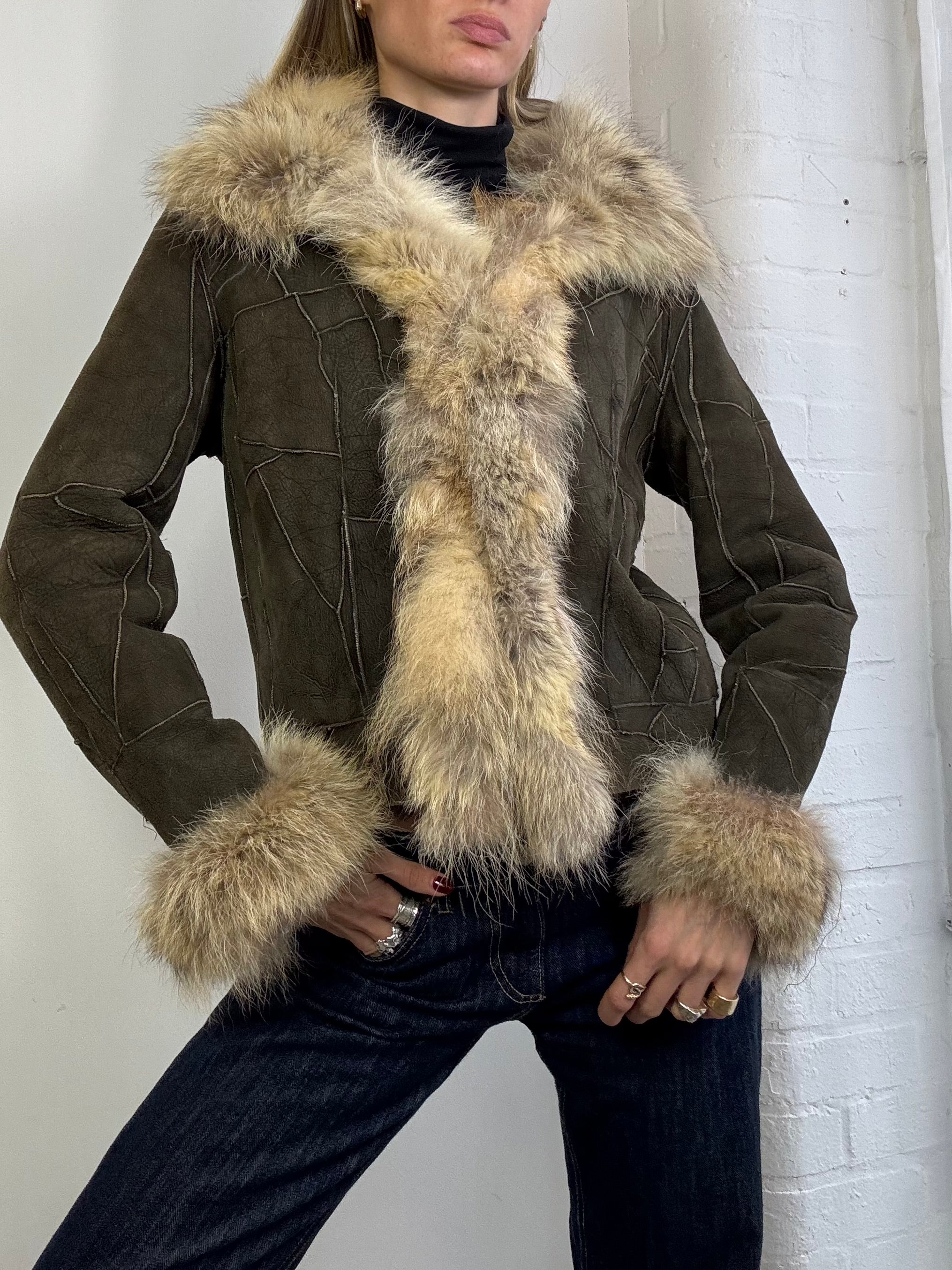 Vintage Y2K patchwork suede jacket with fox fur trim