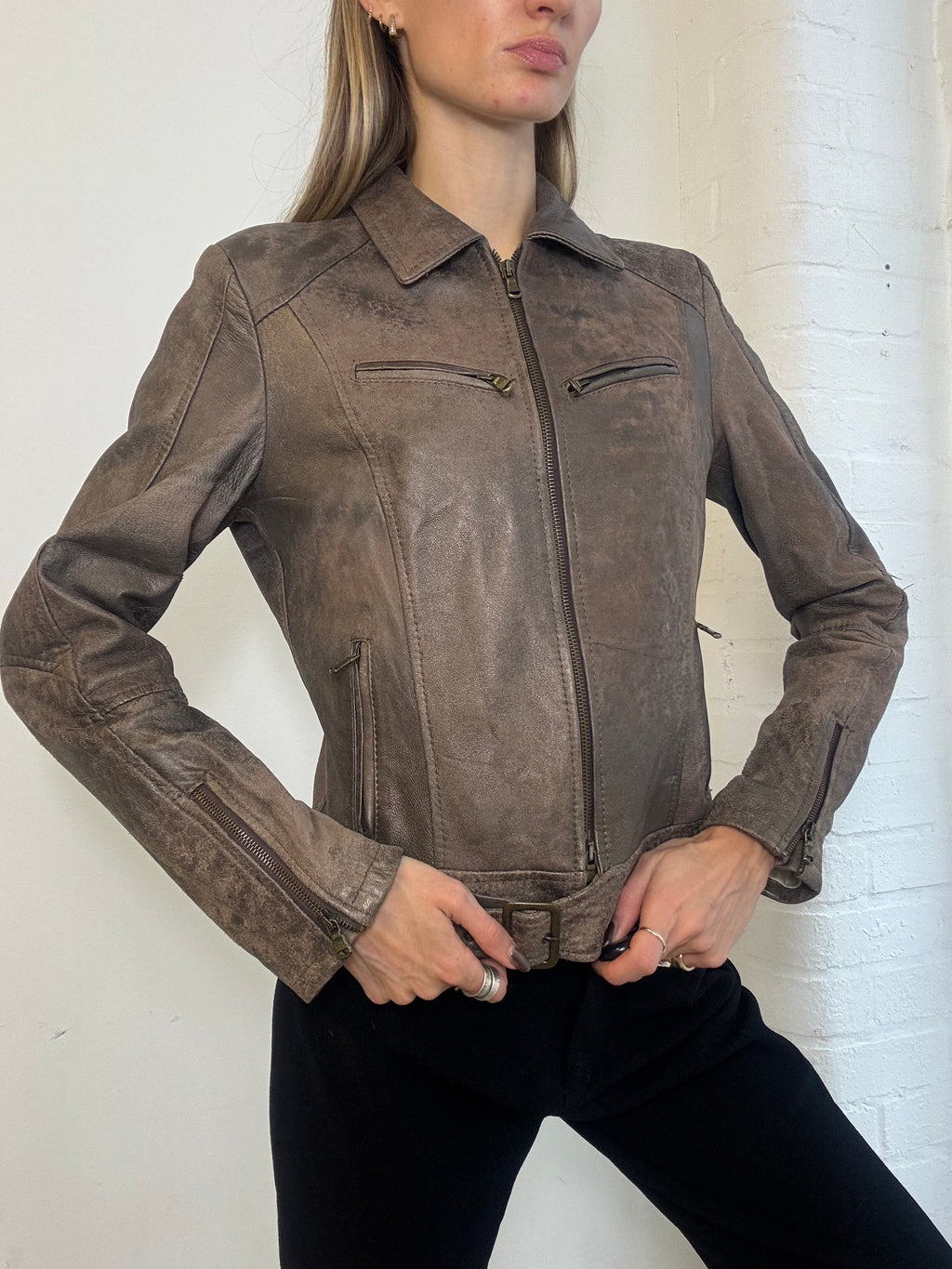 Vintage Y2K Distressed Taupe Real Leather Belted Zip Jacket - Size S