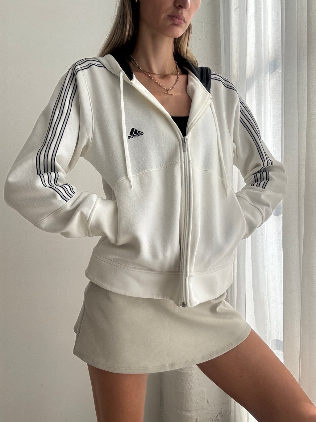 Vintage Y2K Adidas White Zip Up Hoodie - Size L