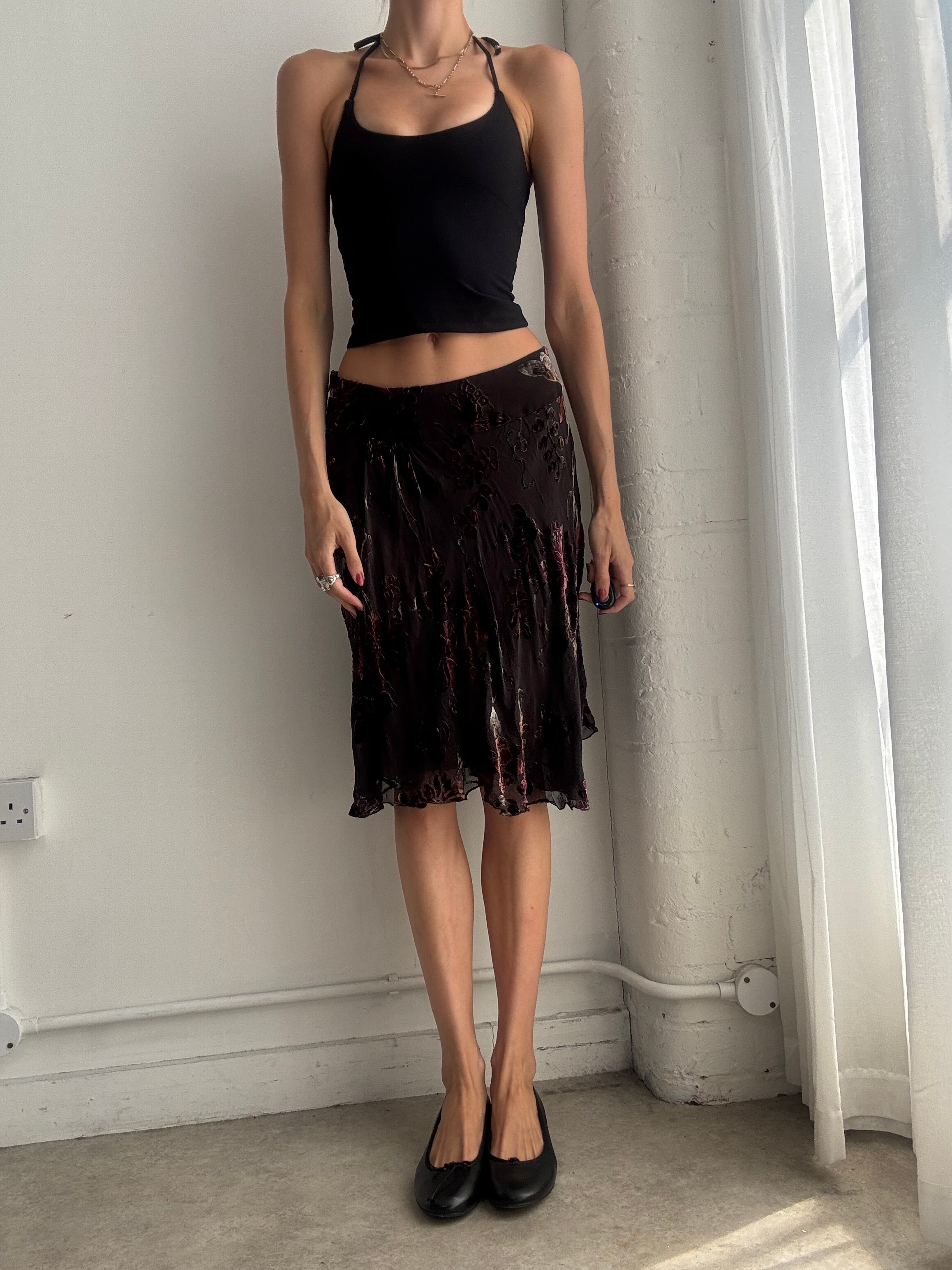 Vintage Y2K Floral Devore Velvet Midi Skirt – Brown Skirt - Size XS