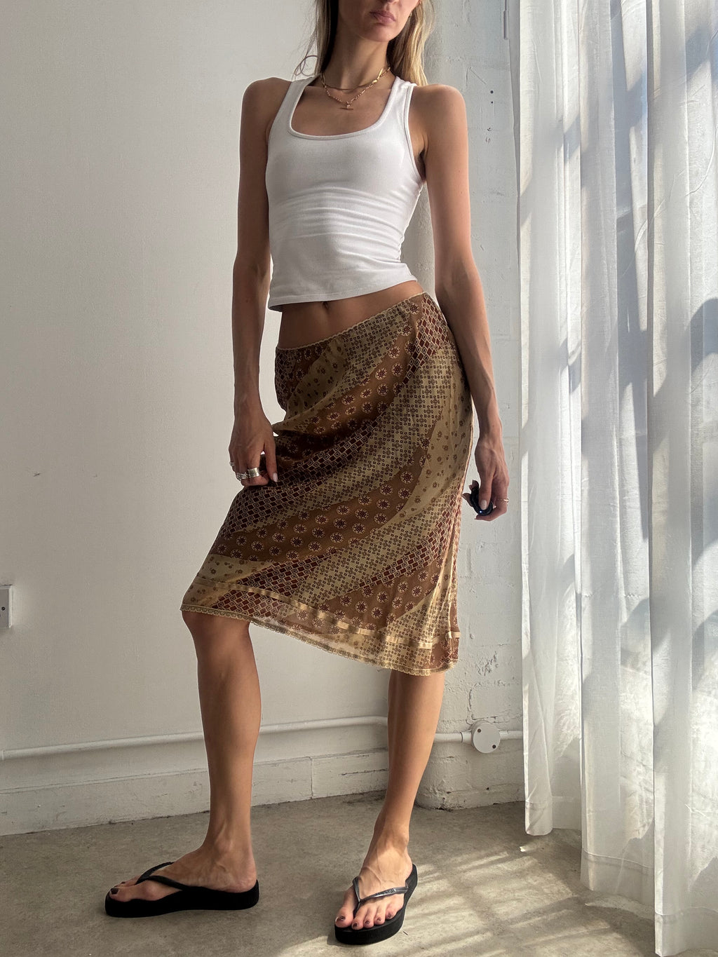 Vintage Brown Printed Mesh Midi Skirt Y2K - Size S