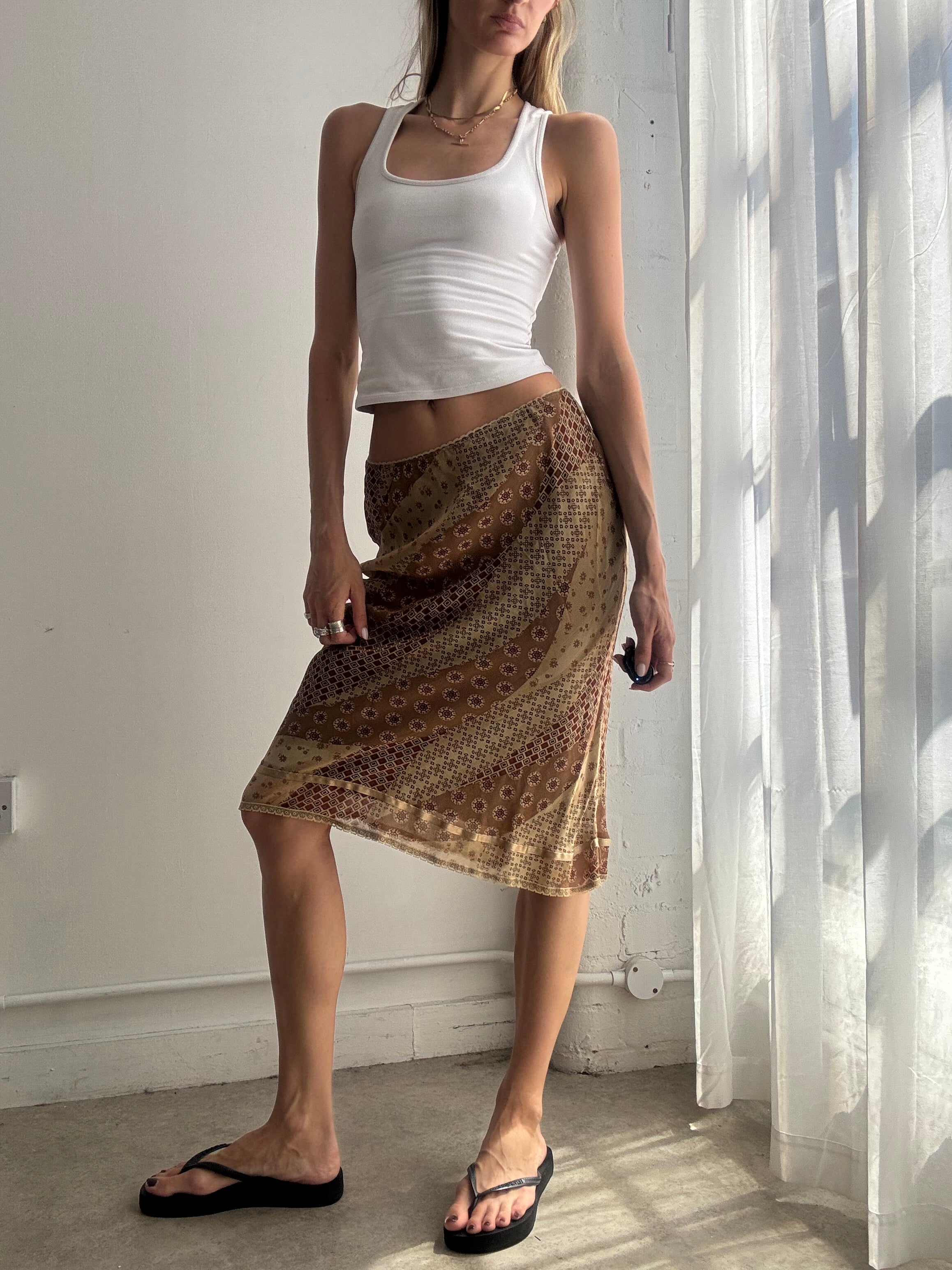 Vintage Brown Printed Mesh Midi Skirt Y2K - Size S