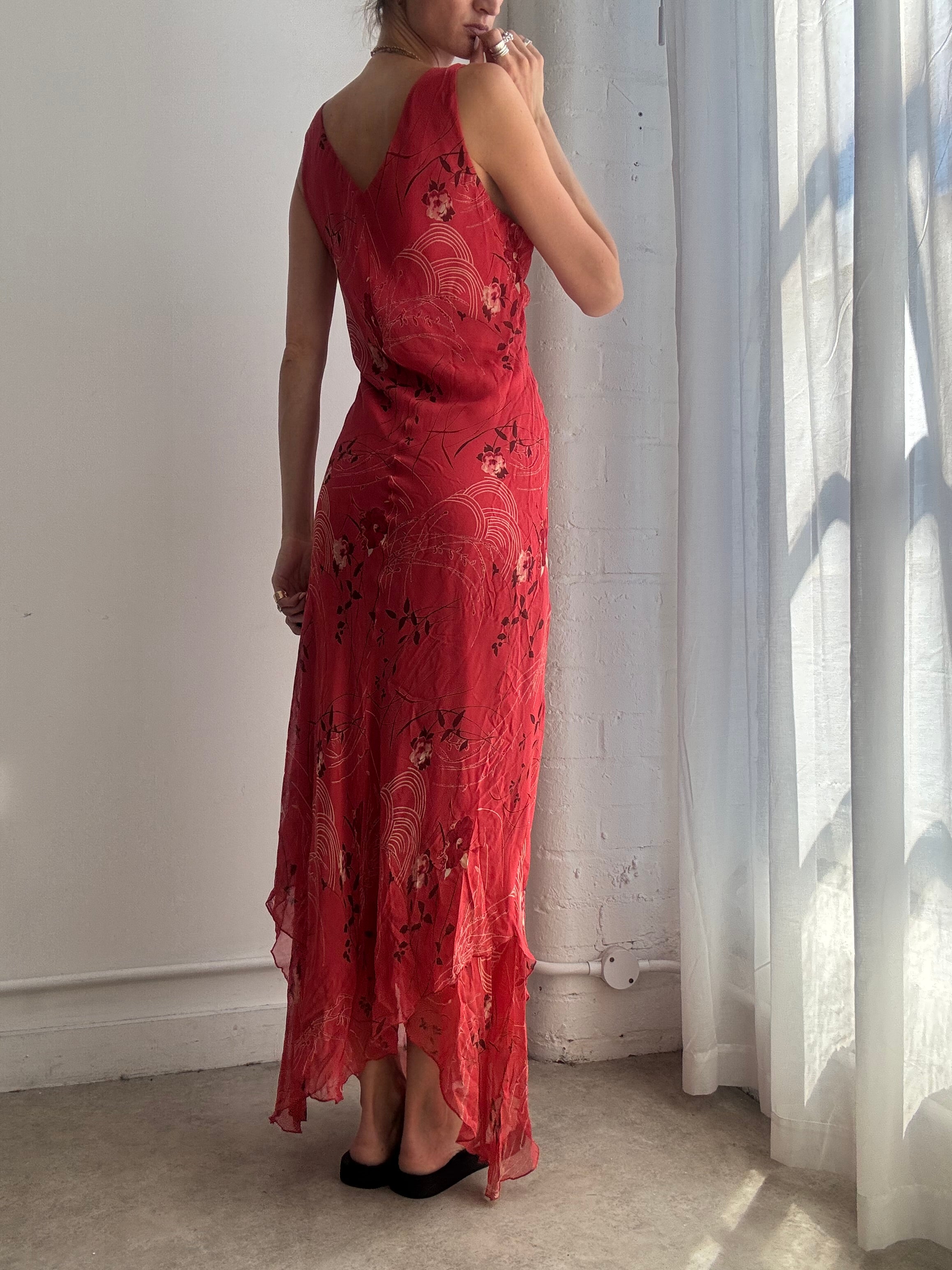 Vintage Red Floral Silk Maxi Dress Y2K - Size L