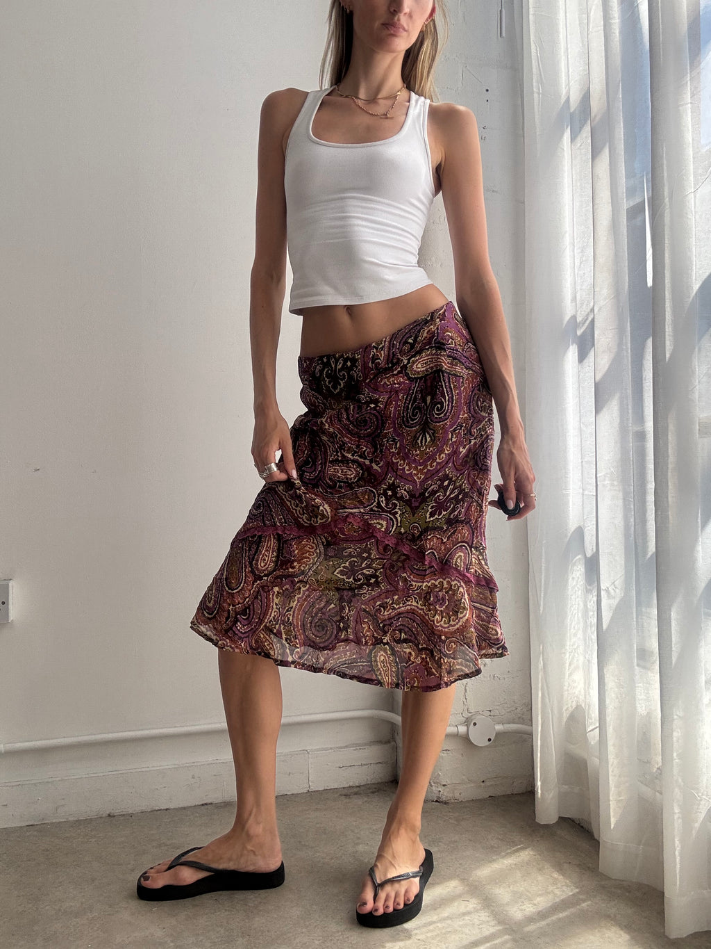 Vintage Paisley Print Mesh Midi Skirt Y2K - Size M