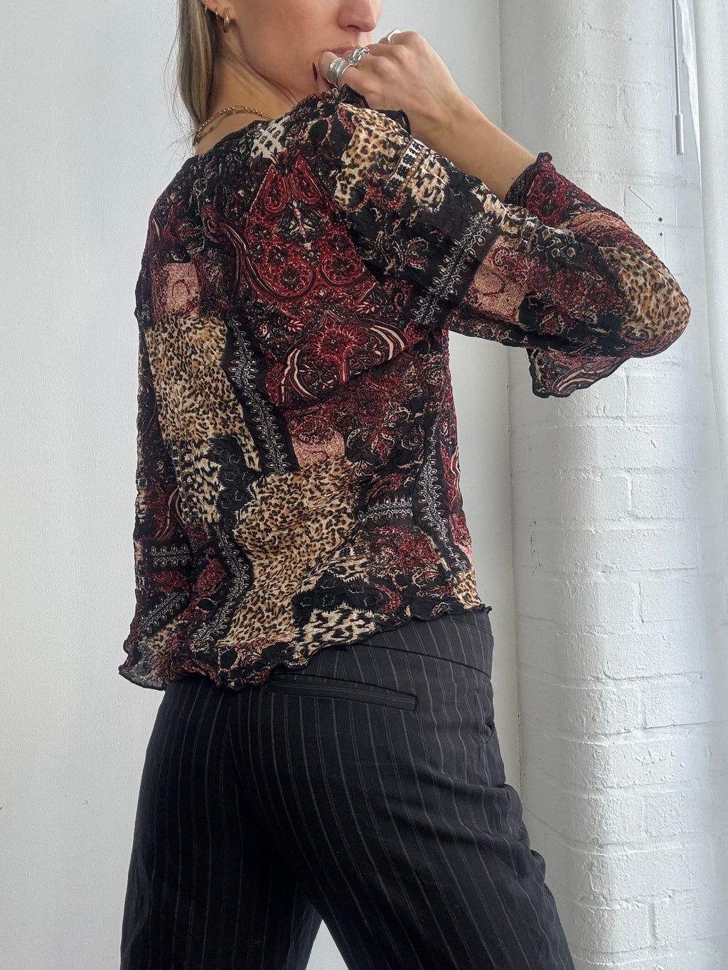 Vintage Y2K burgundy animal print ruffle blouse