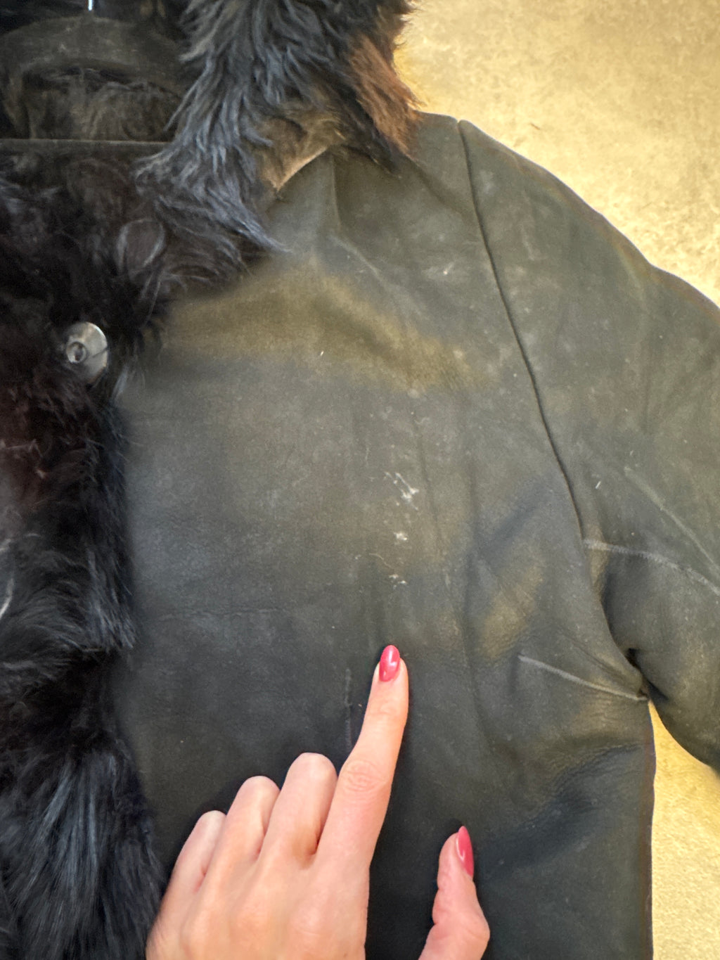 Vintage Y2K black suede sheepskin hooded coat fur trim