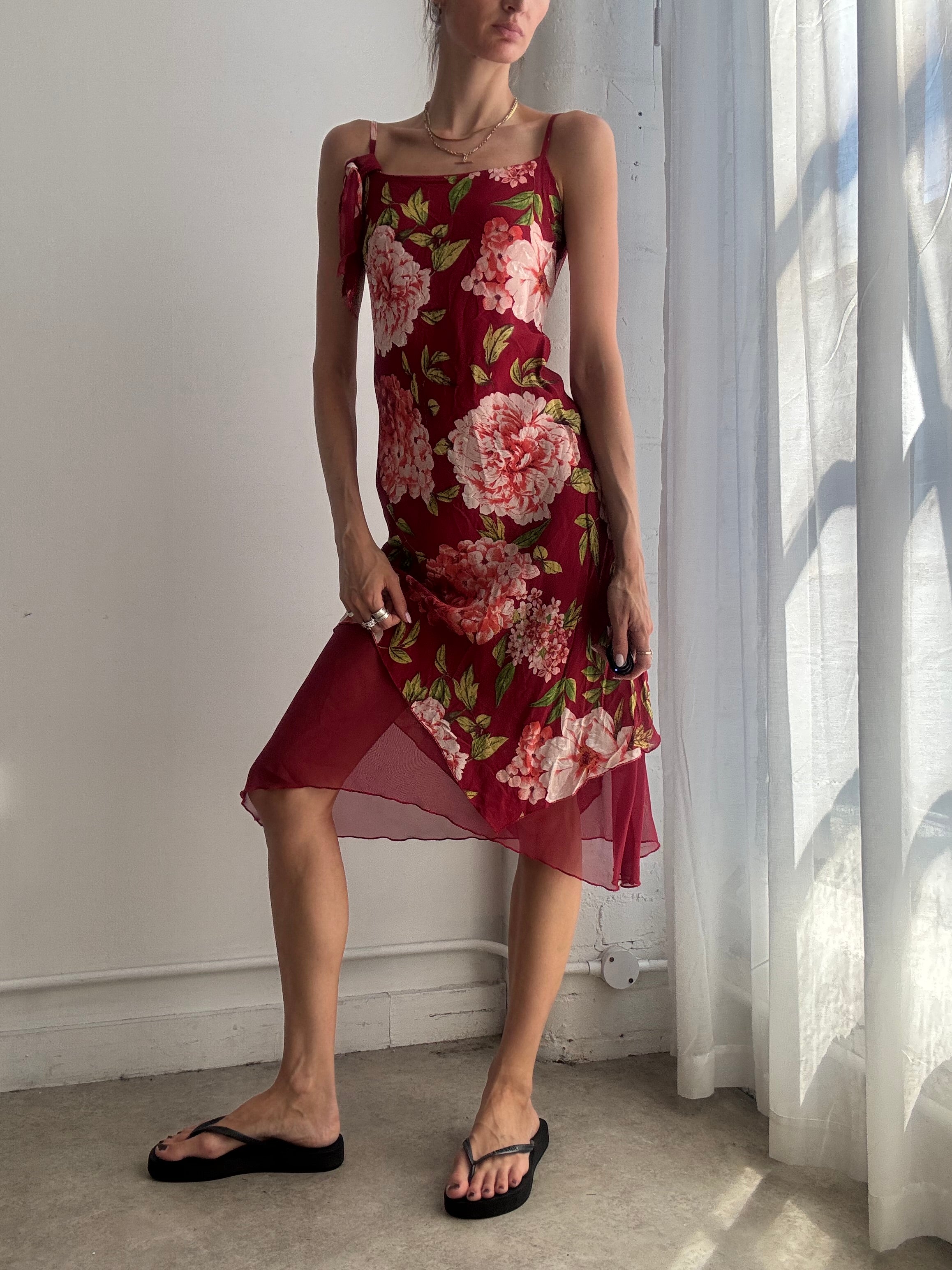 Vintage Red Floral Mesh Midi Dress Y2K - Size S