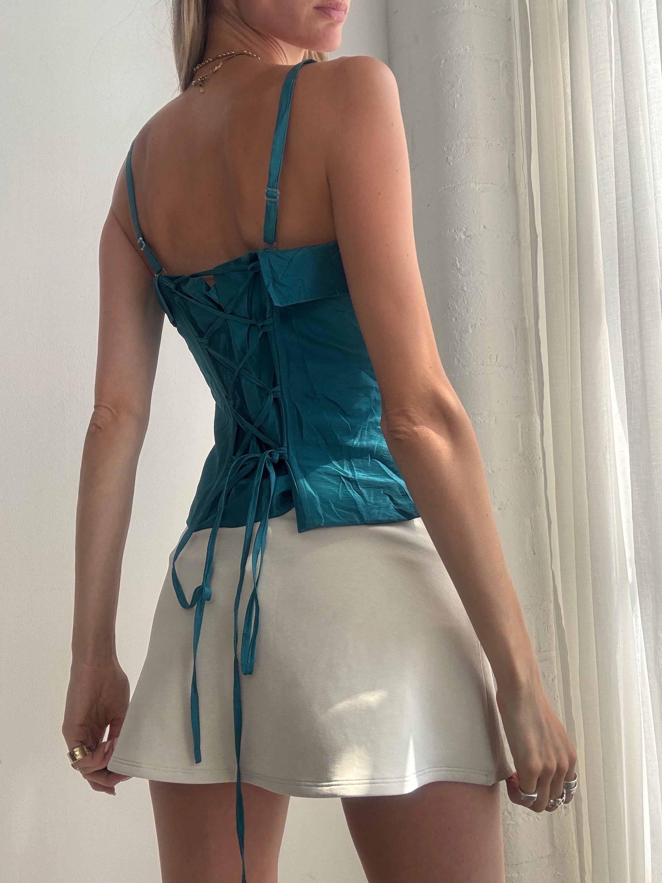 Vintage Y2K Teal Lace-Up Corset Cami Top - Size XS/S