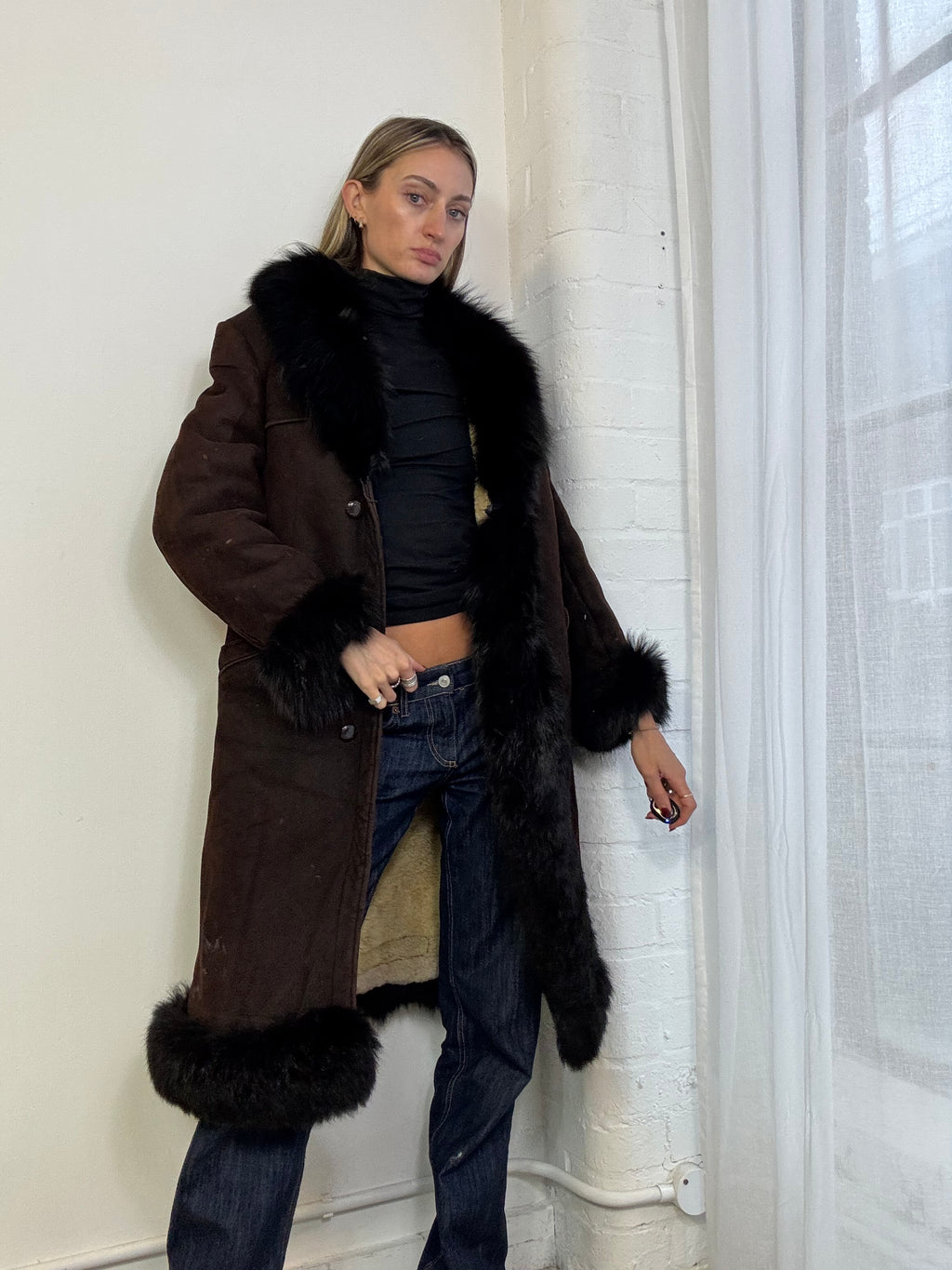 Vintage 90s long sheepskin suede & fur coat brown