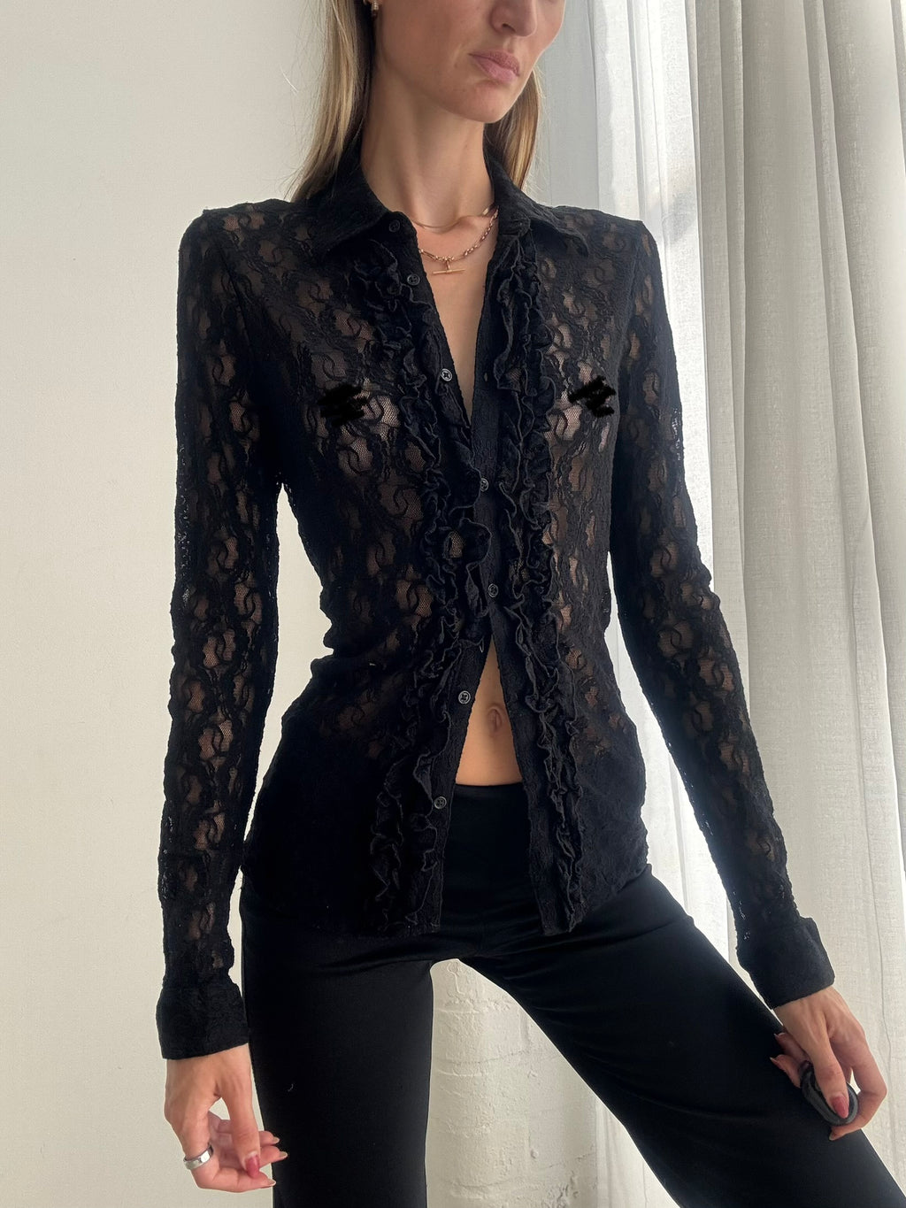Vintage Y2K Ralph Lauren Black Sheer Lace Button Up Shirt Top - Size S