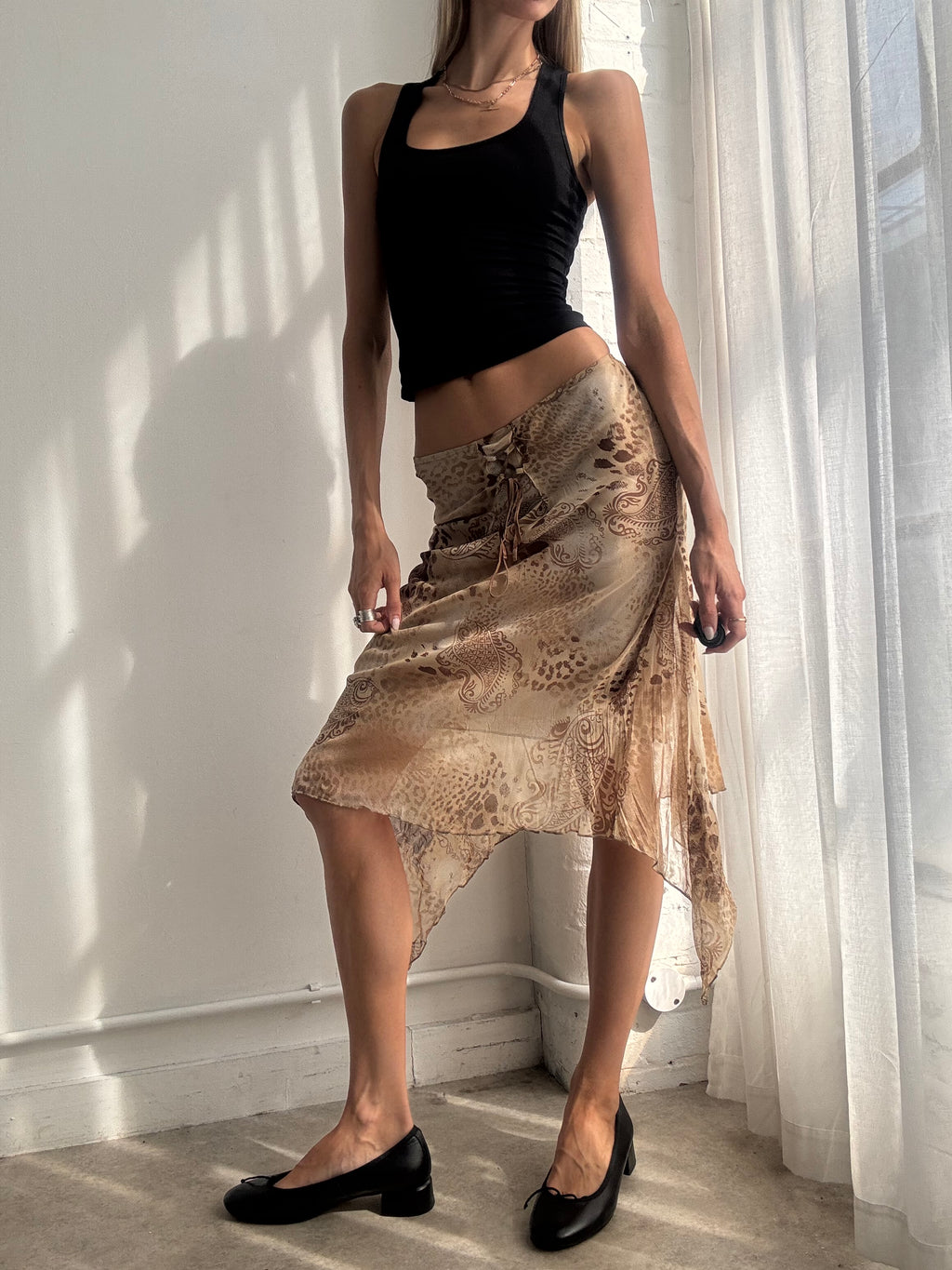 Vintage Y2K Brown Animal Print Asymmetric Mesh Midi Skirt - Size XS/S