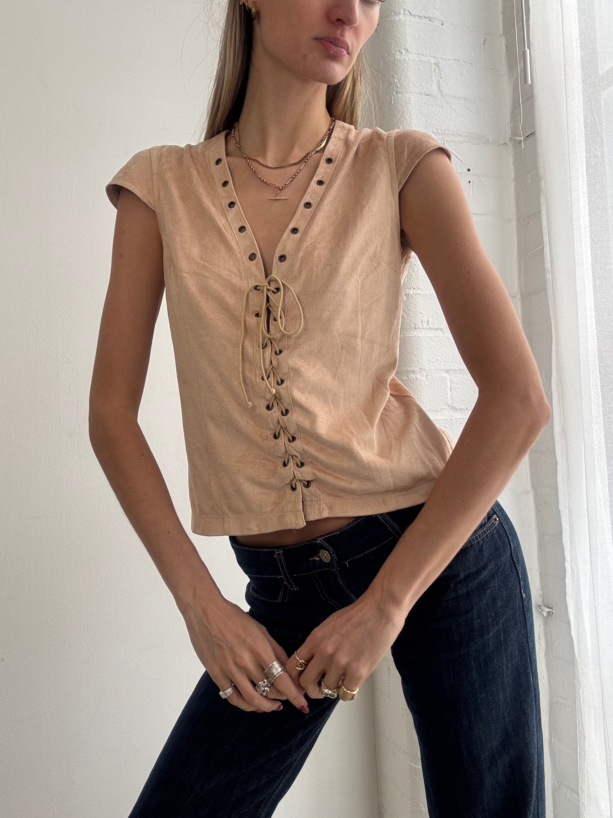 Vintage Y2K beige faux suede lace-up top