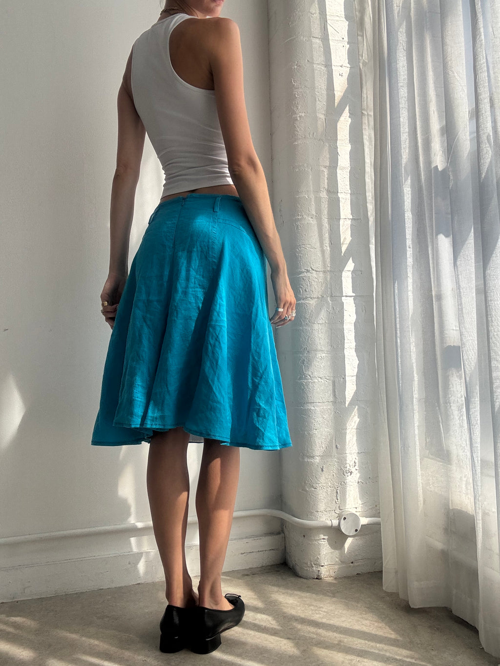 Vintage Y2K Turquoise Linen Midi Skirt - Size S