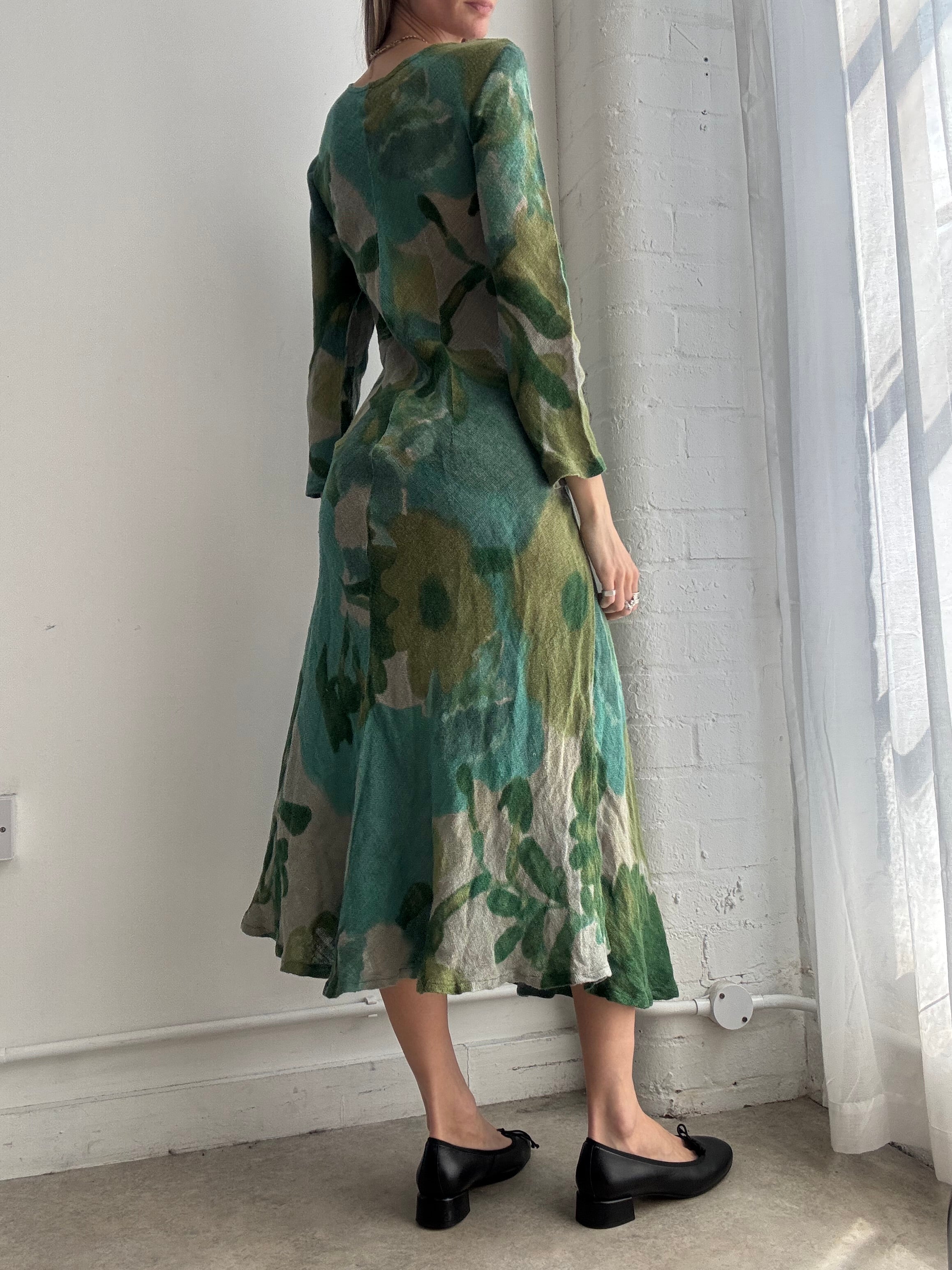 Vintage green linen abstract floral midi dress - Size M