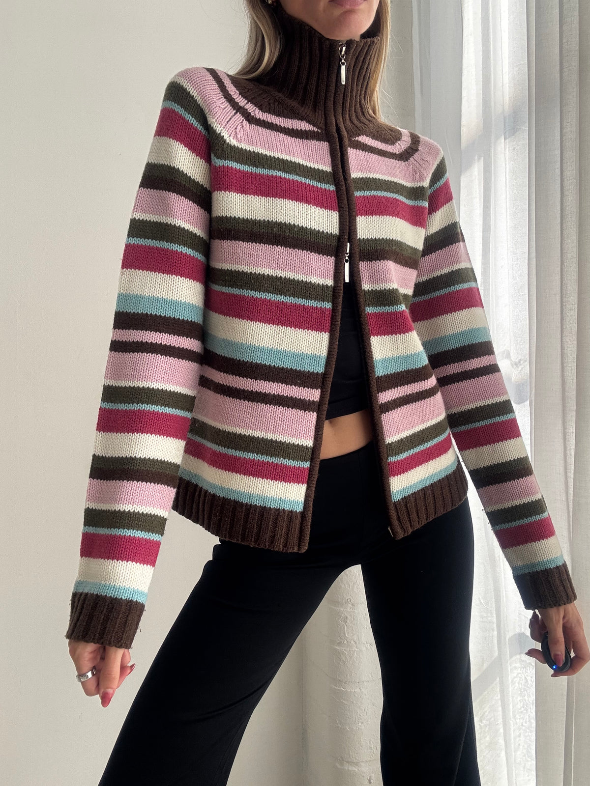 Vintage Y2K Pink & Brown Striped Zip Up Knit Cardigan - Size M