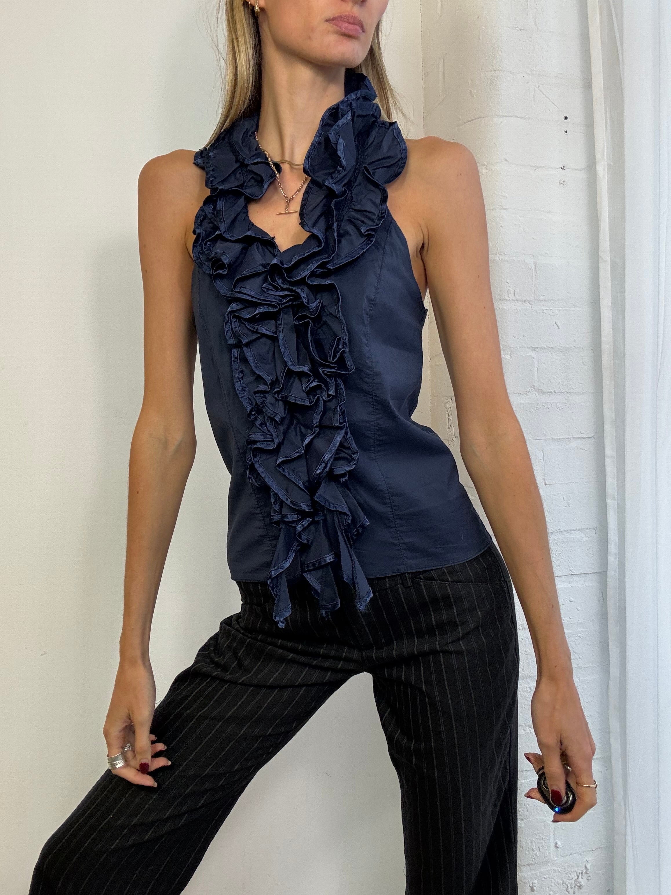 Vintage 90s navy blue ruffle halter top
