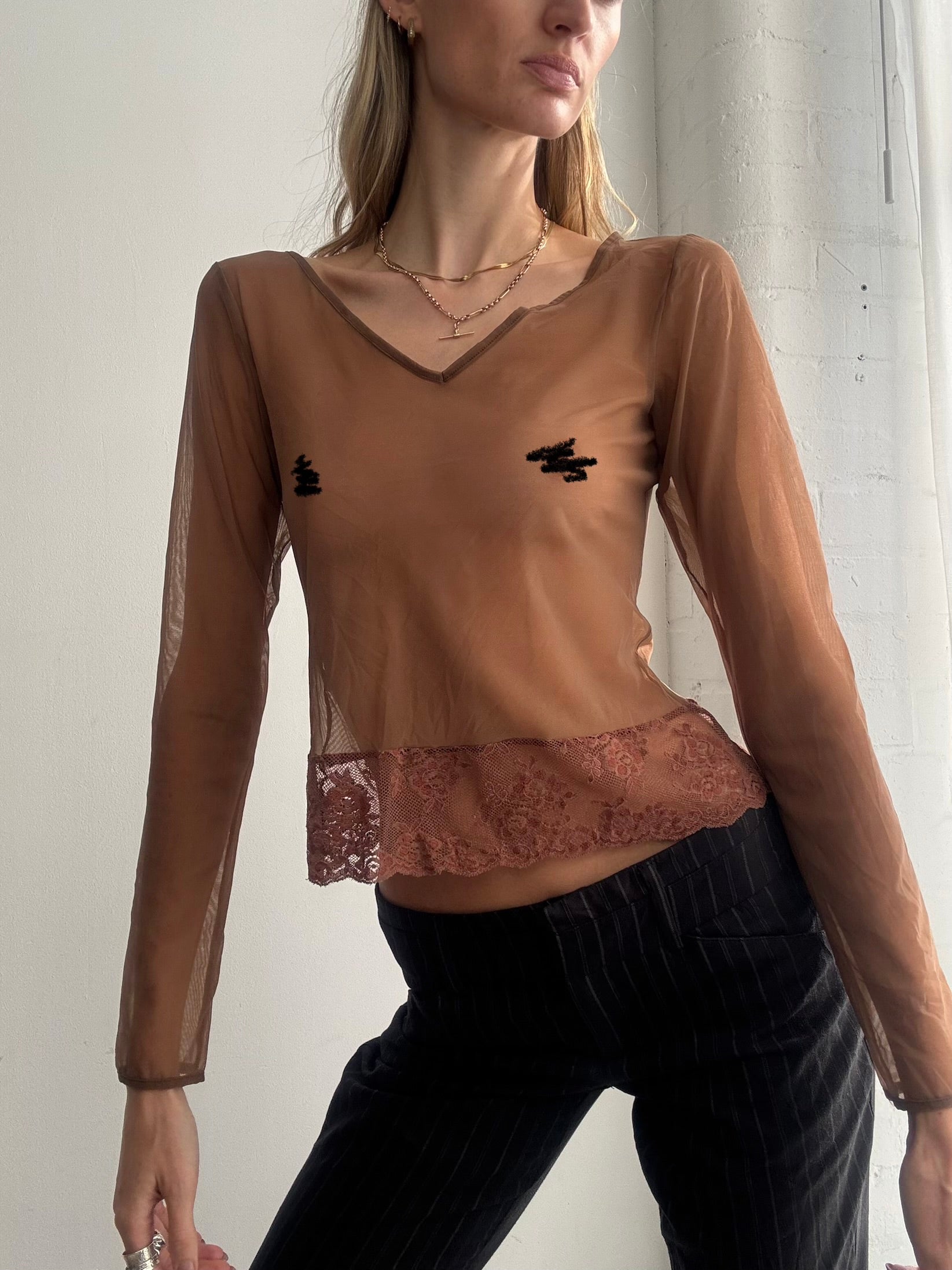Vintage Y2K brown intimissimi long sleeve mesh and lace top
