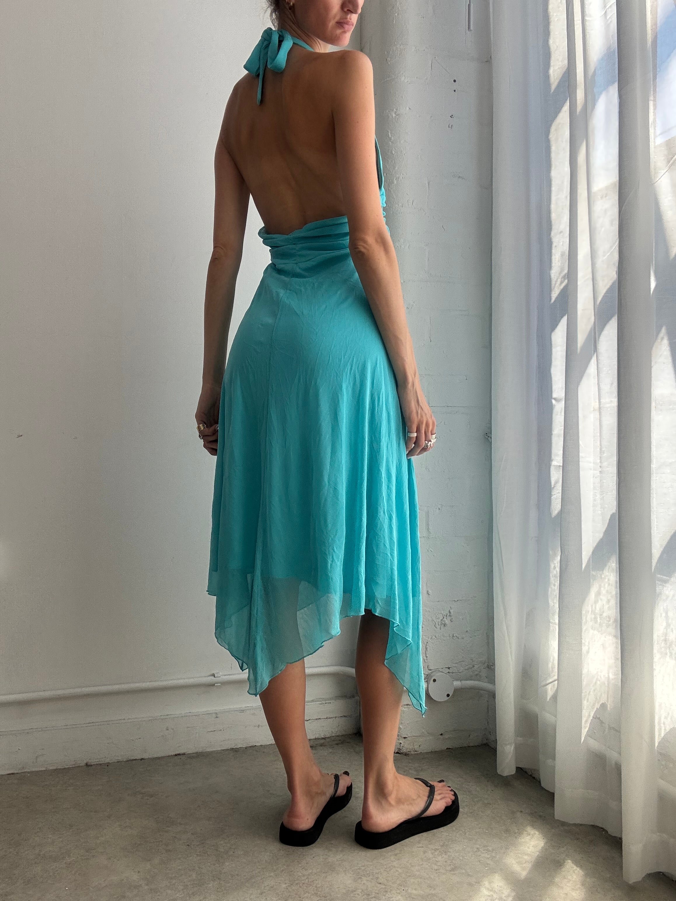 Vintage Turquoise Asymmetric Hem Halter Dress Y2K - Size L