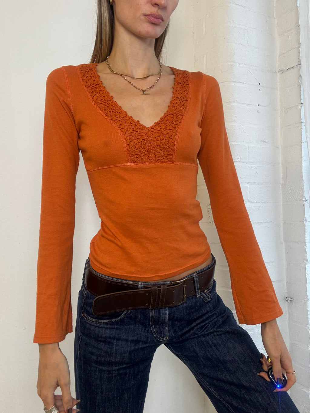 Vintage Y2K Promod Burnt Orange Crochet Trim Flared Sleeve Top - Size S
