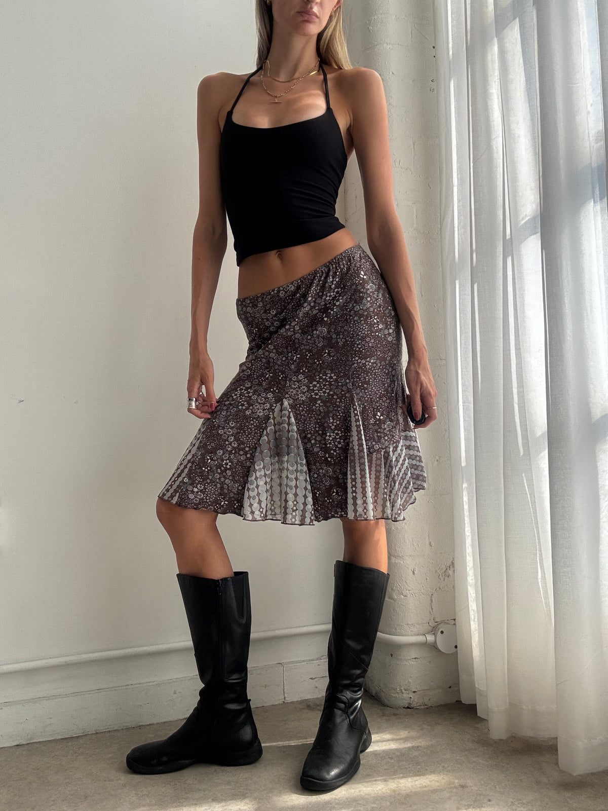Vintage Y2K Brown Floral Midi Skirt - Size XS/S