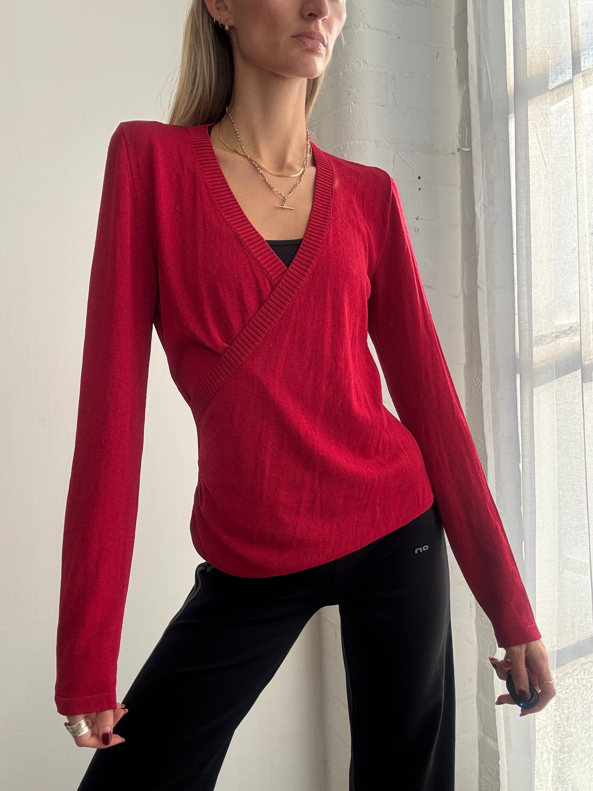 Vintage Y2K red knitted wrap jumper