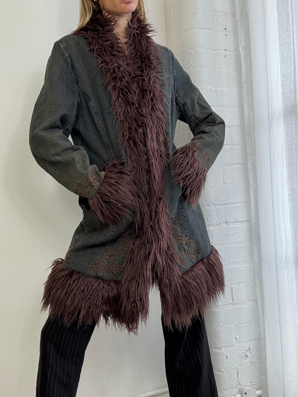 Vintage Y2K denim embroidered afghan coat