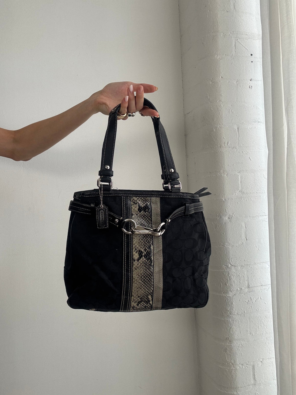 Vintage Y2K Coach Signature Canvas Shoulder Bag – Black Monogram & Python Stripe Tote